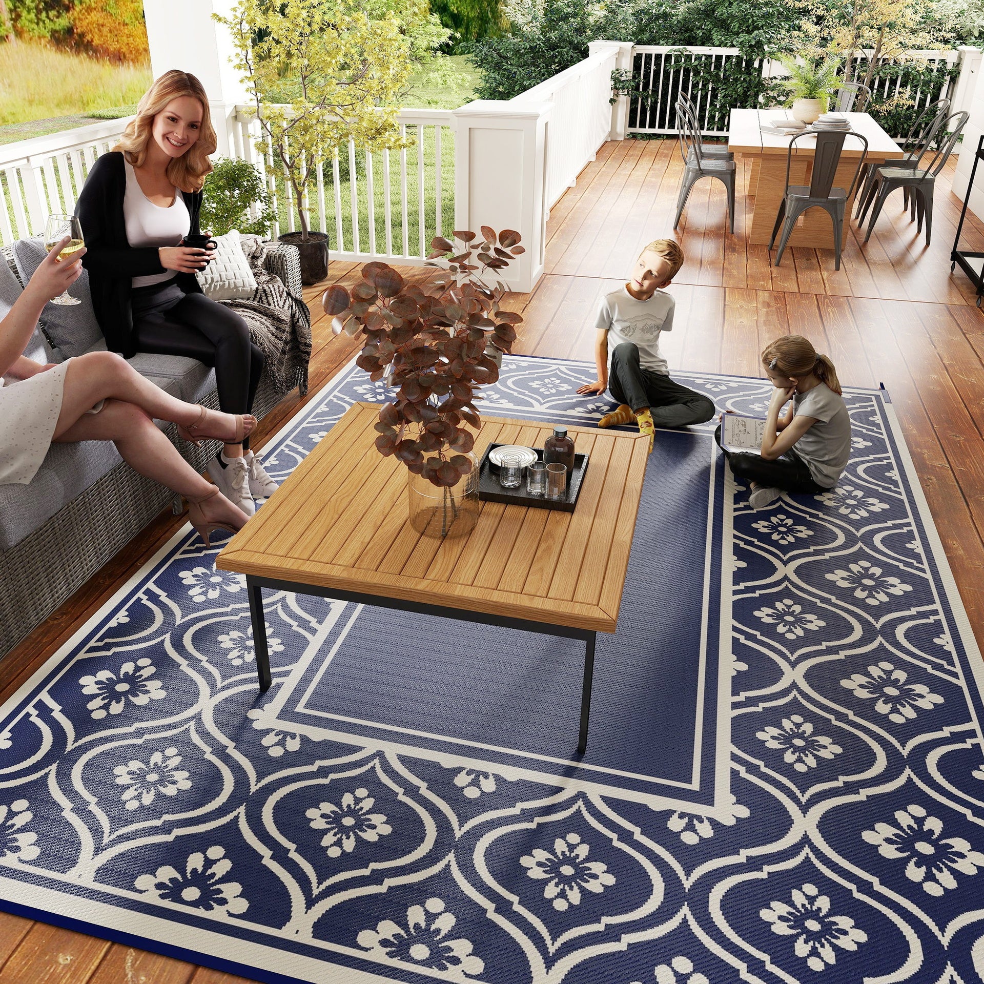 Outsunny Reversible Outdoor Rug, Waterproof Plastic Straw with Carry Bag, 9' x 12', Blue & White Gourd Border