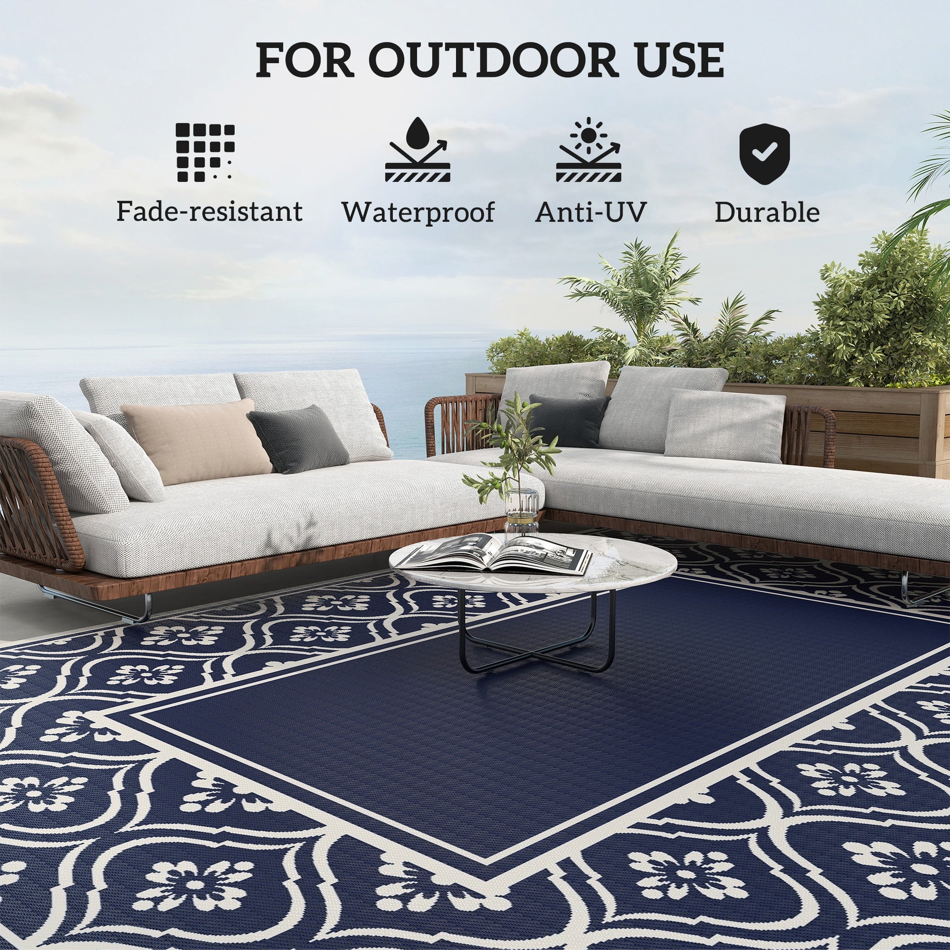 Outsunny Reversible Outdoor Rug, Waterproof Plastic Straw with Carry Bag, 9' x 12', Blue & White Gourd Border