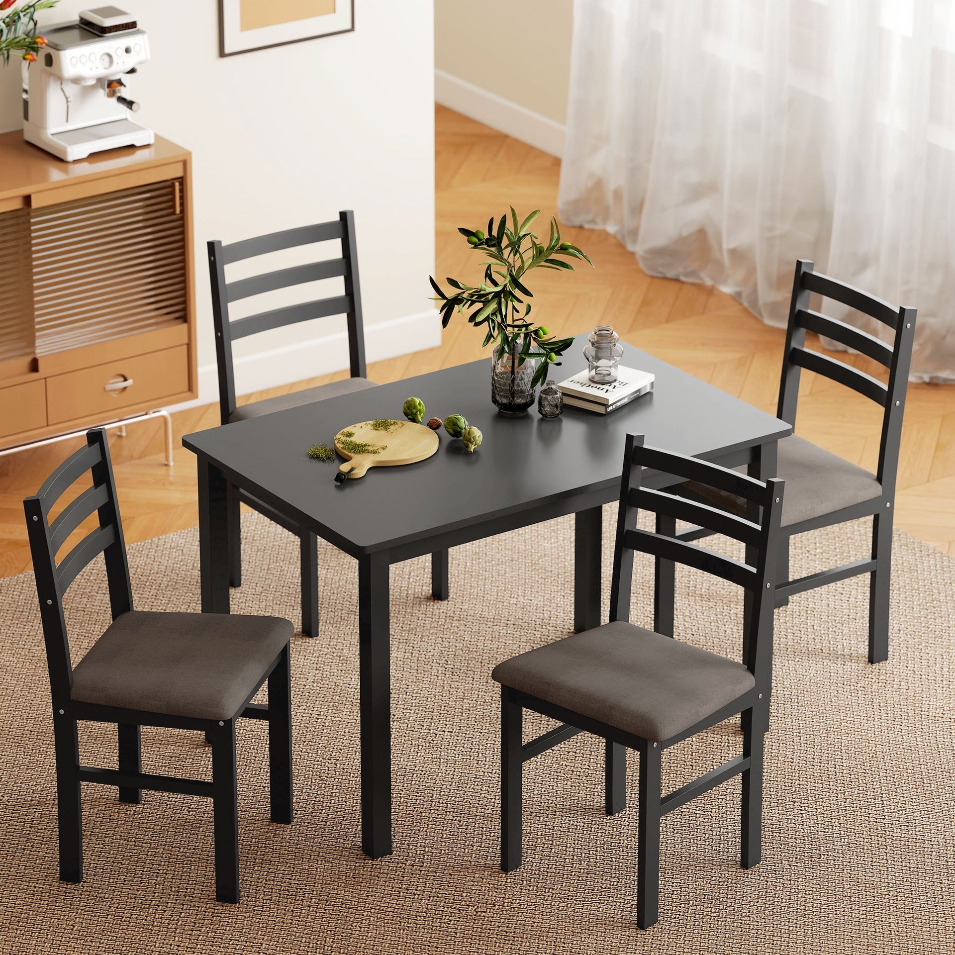 HOMCOM 5-Piece Small Kitchen Table Set for 4, Farmhouse Dining Table Set with Upholstered Chairs and Rubber Wood Legs, Black