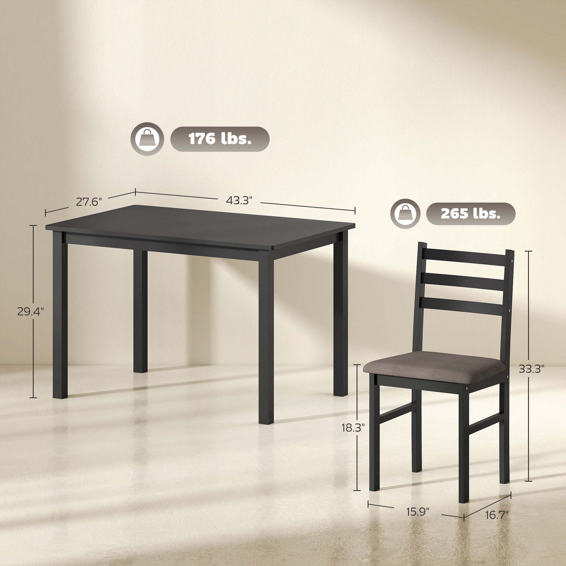 HOMCOM 5-Piece Small Kitchen Table Set for 4, Farmhouse Dining Table Set with Upholstered Chairs and Rubber Wood Legs, Black