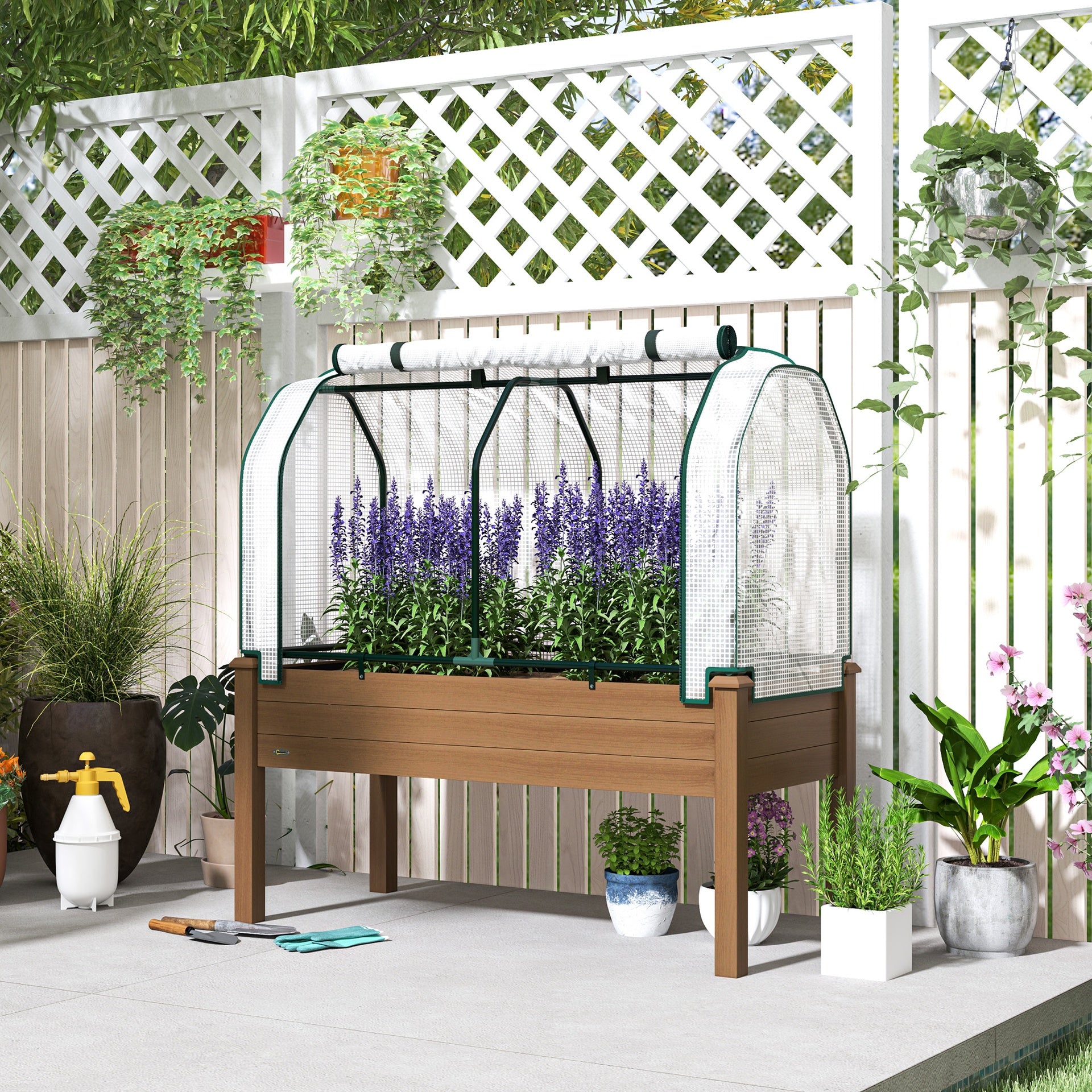 Outsunny Raised Garden Bed with PE Greenhouse Cover Outdoor Planter Box for Herbs and Vegetables, 48 x 22 x 46 inch, Brown