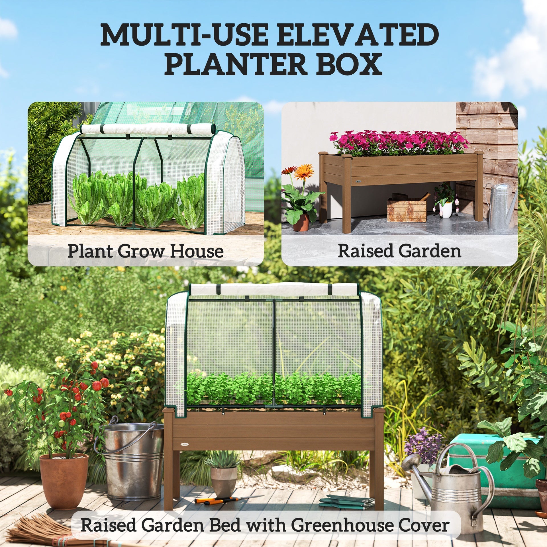 Outsunny Raised Garden Bed with PE Greenhouse Cover Outdoor Planter Box for Herbs and Vegetables, 48 x 22 x 46 inch, Brown