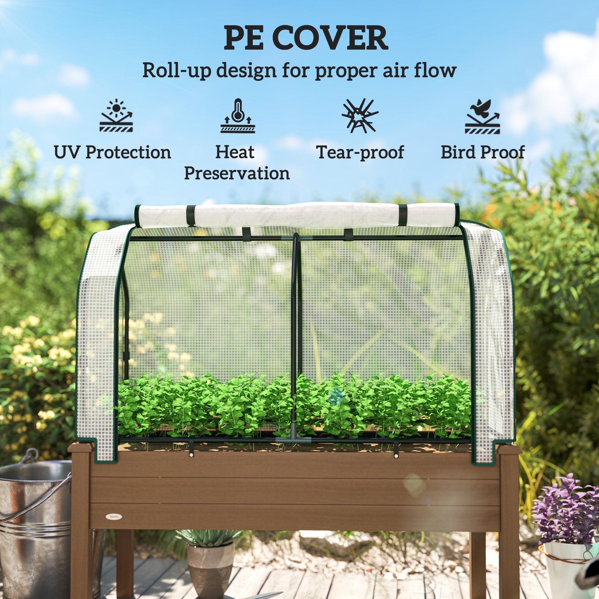 Outsunny Raised Garden Bed with PE Greenhouse Cover Outdoor Planter Box for Herbs and Vegetables, 48 x 22 x 46 inch, Brown