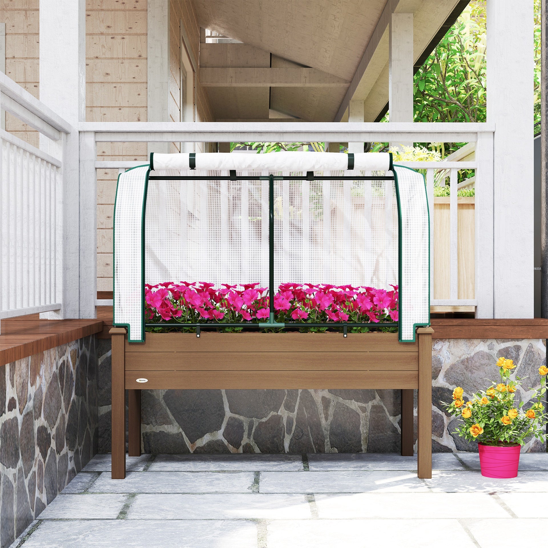 Outsunny Raised Garden Bed with PE Greenhouse Cover Outdoor Planter Box for Herbs and Vegetables, 48 x 22 x 46 inch, Brown