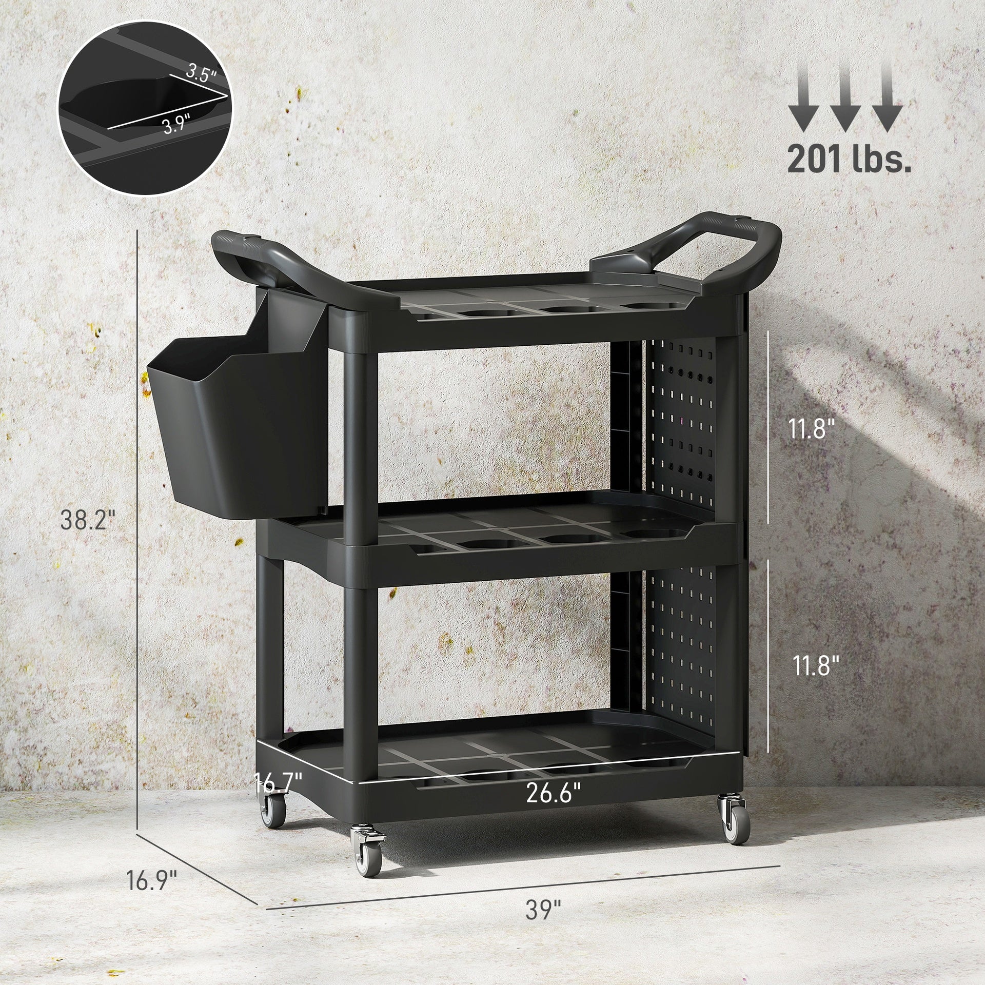 HOMCOM 3-Tier Rolling Tool Cart, 200 LBS Capacity Plastic Utility Cart with Side Shelf and Storage Bucket, Black