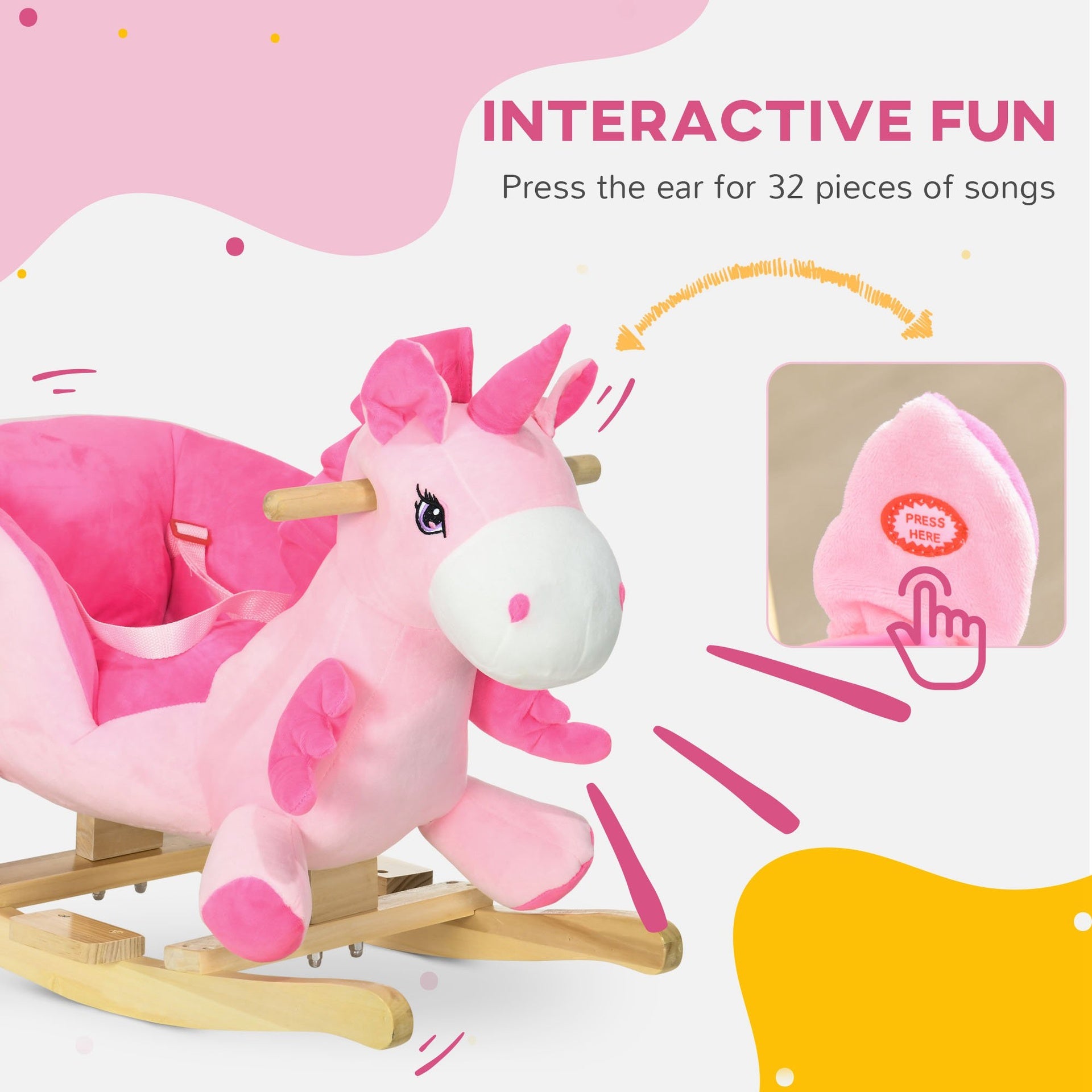 Qaba Baby Rocking Horse Ride On Unicorn with 32 Songs, Seatbelt, Pink