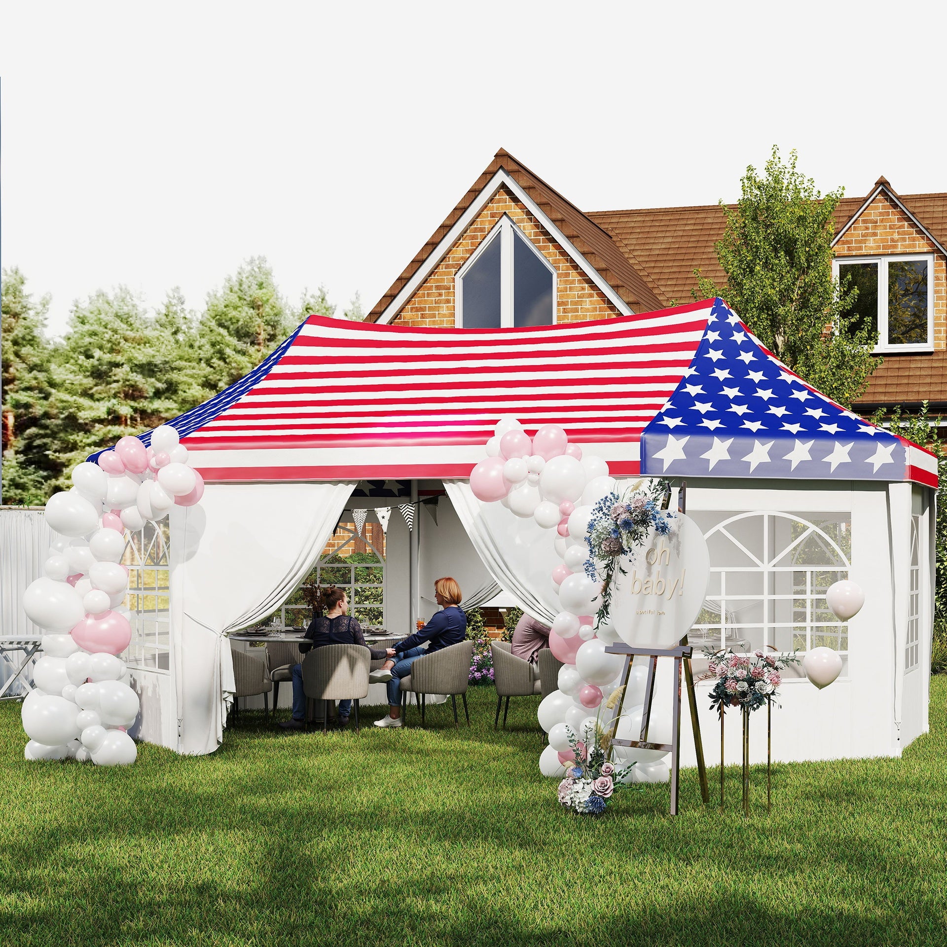 Outsunny 22.3 x 16.4 ft Heavy Duty Party Tent, Outdoot Canopy Tent with 2 Doors and 6 Windows, American Flag