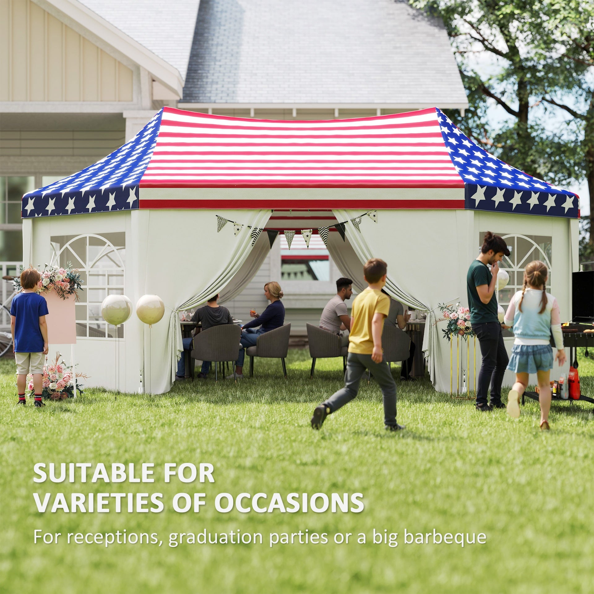 Outsunny 22.3 x 16.4 ft Heavy Duty Party Tent, Outdoot Canopy Tent with 2 Doors and 6 Windows, American Flag