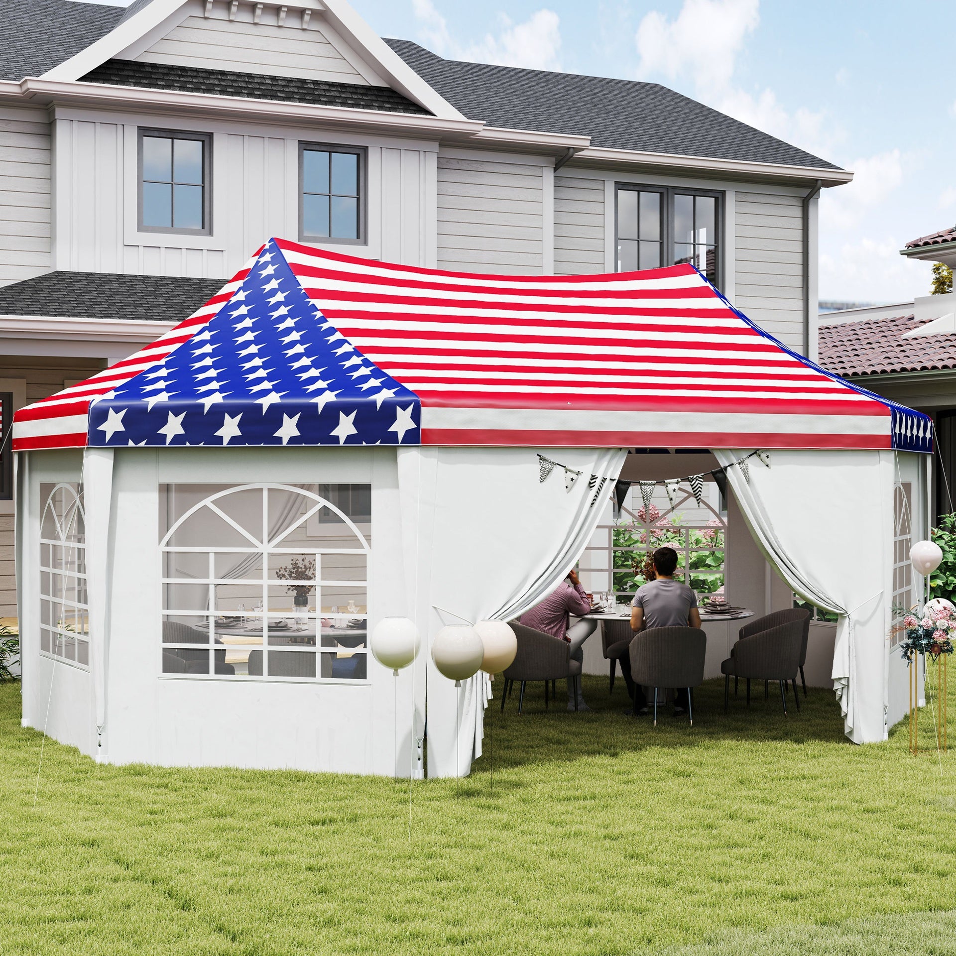 Outsunny 22.3 x 16.4 ft Heavy Duty Party Tent, Outdoot Canopy Tent with 2 Doors and 6 Windows, American Flag