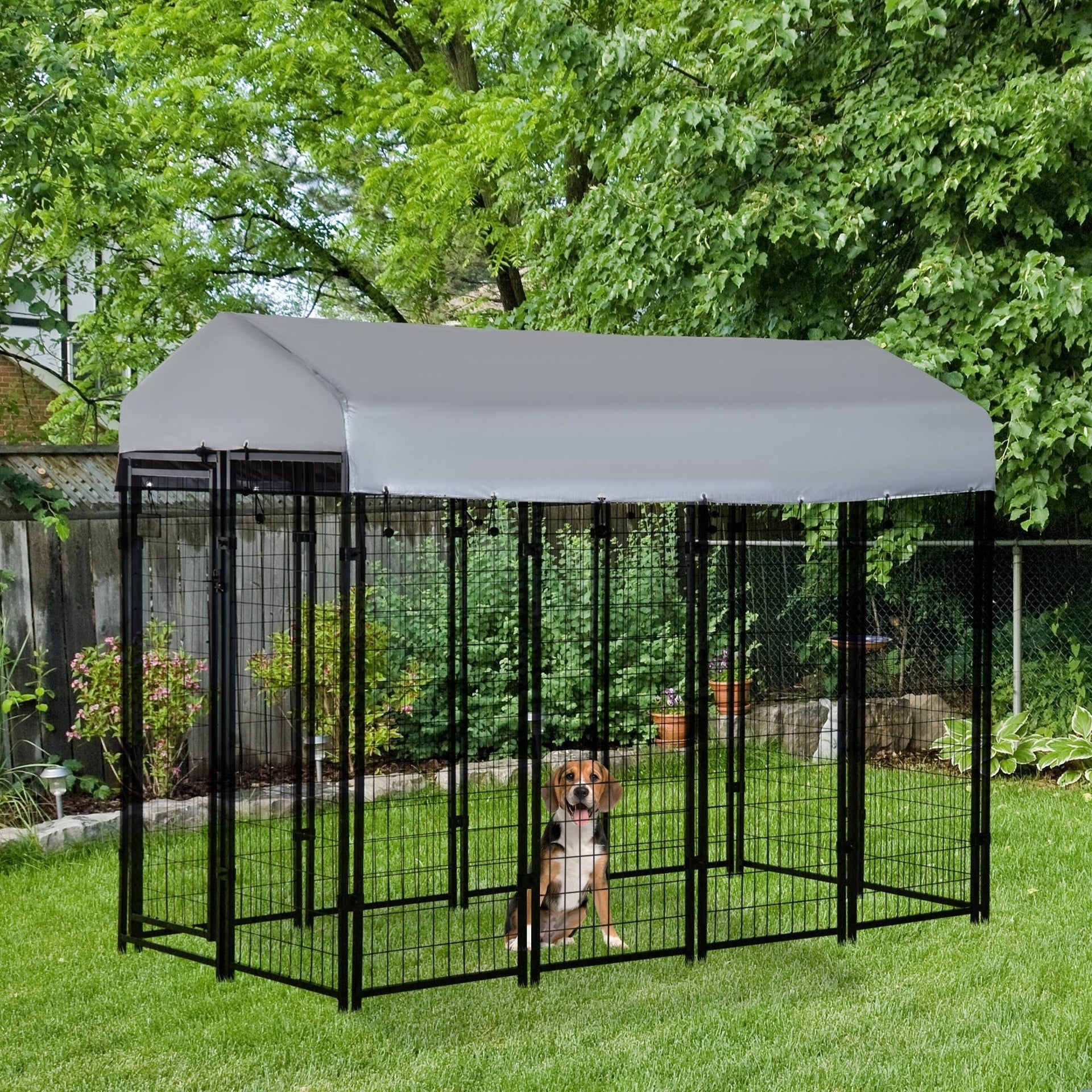 PawHut Outdoor Dog Kennel with Roof, 8' x 4' x 6' Heavy Duty Welded Wire Dog Playpen Enclosure with Escape-proof Lock, UV-Resistant & Waterproof Cover, for Large Dogs, Silver