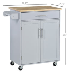 HOMCOM Kitchen Island Cart, Rolling Island Table with Solid Wood Top, Trolley Cart with Drawer, Storage Cabinet & Towel Rack, Gray
