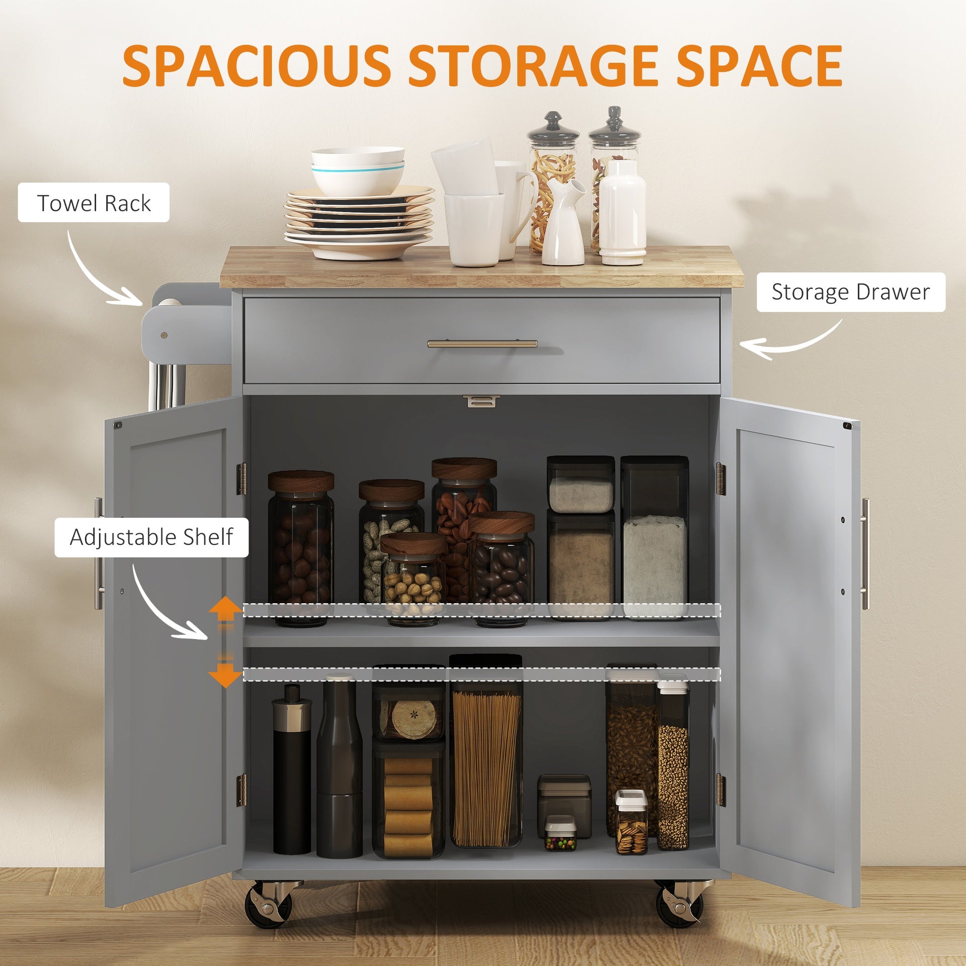 HOMCOM Kitchen Island Cart, Rolling Island Table with Solid Wood Top, Trolley Cart with Drawer, Storage Cabinet & Towel Rack, Gray