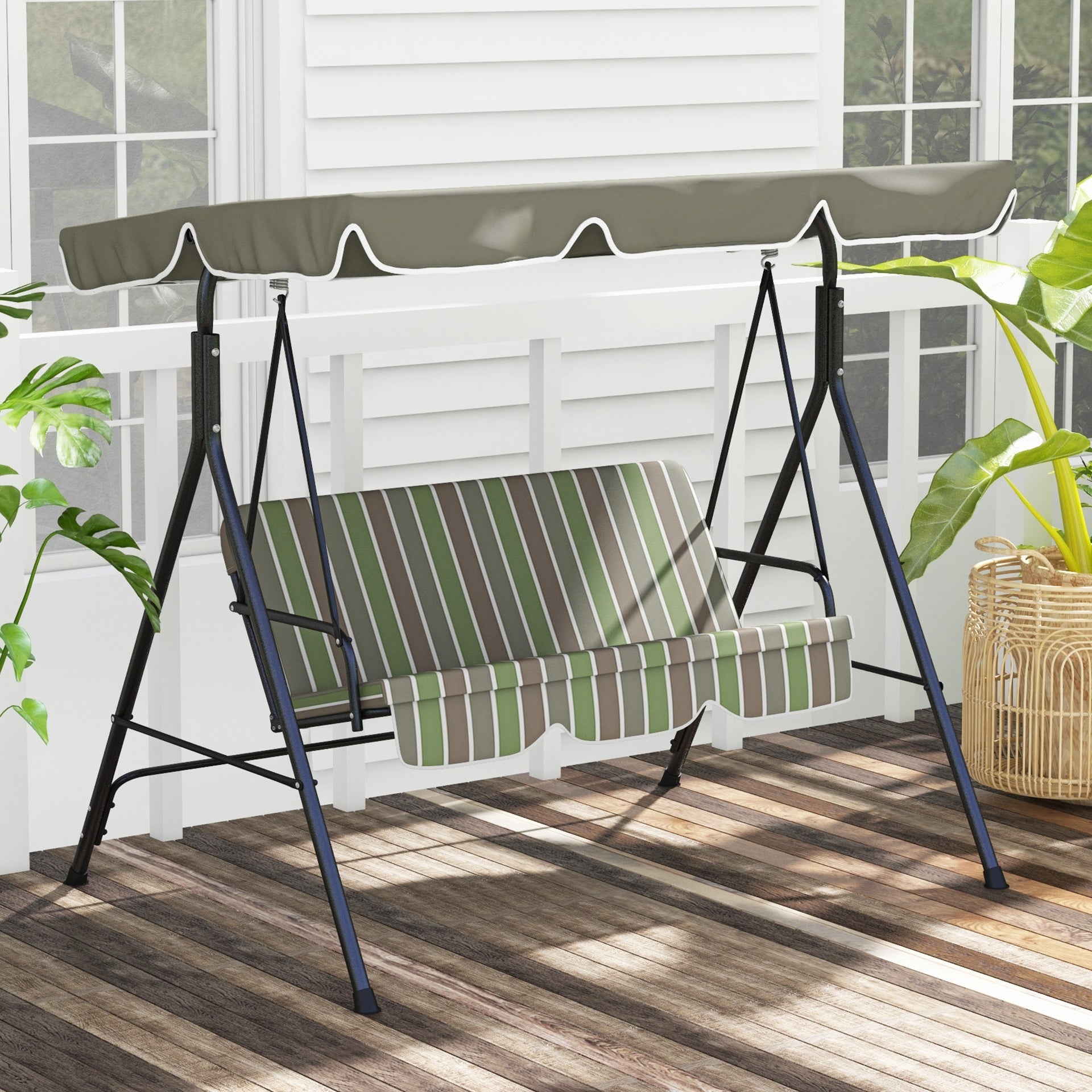 Outsunny 3-Seat Outdoor Patio Swing Chair w/ Cushion, Steel Frame Stand, Adjustable Tilt Canopy for Patio, Garden, Beige & Green