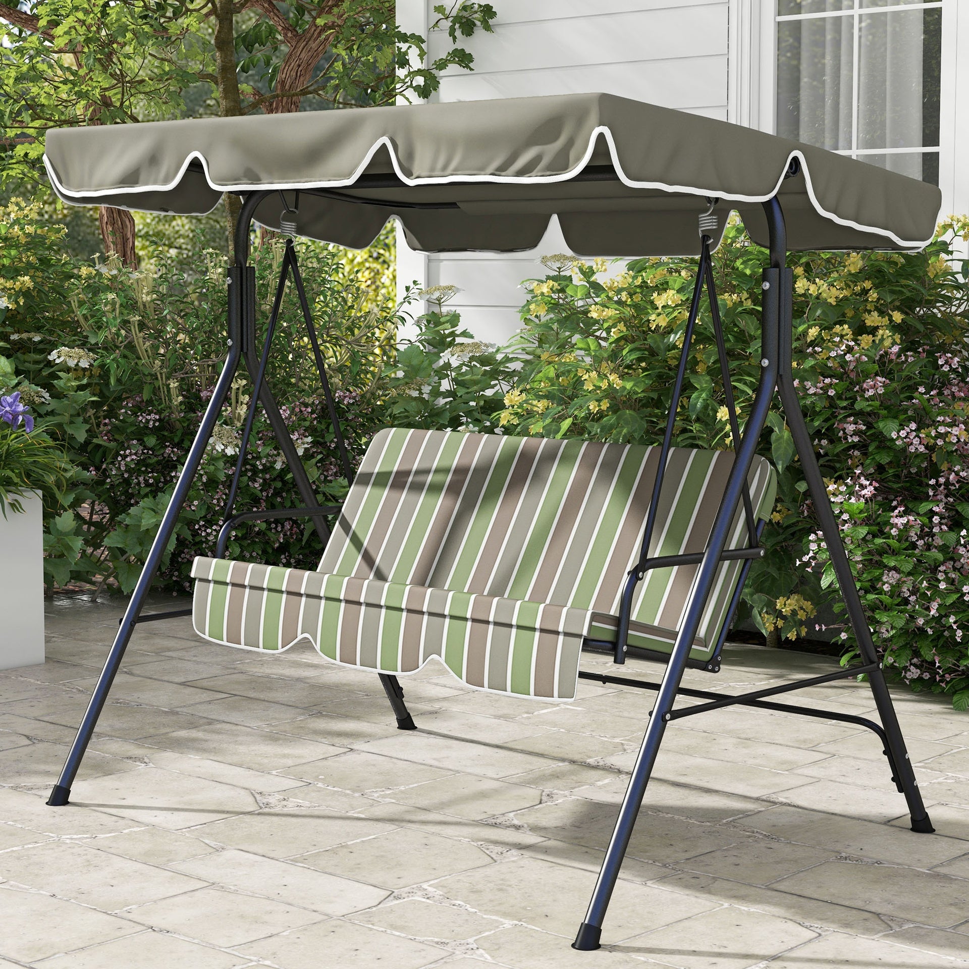 Outsunny 3-Seat Outdoor Patio Swing Chair w/ Cushion, Steel Frame Stand, Adjustable Tilt Canopy for Patio, Garden, Beige & Green