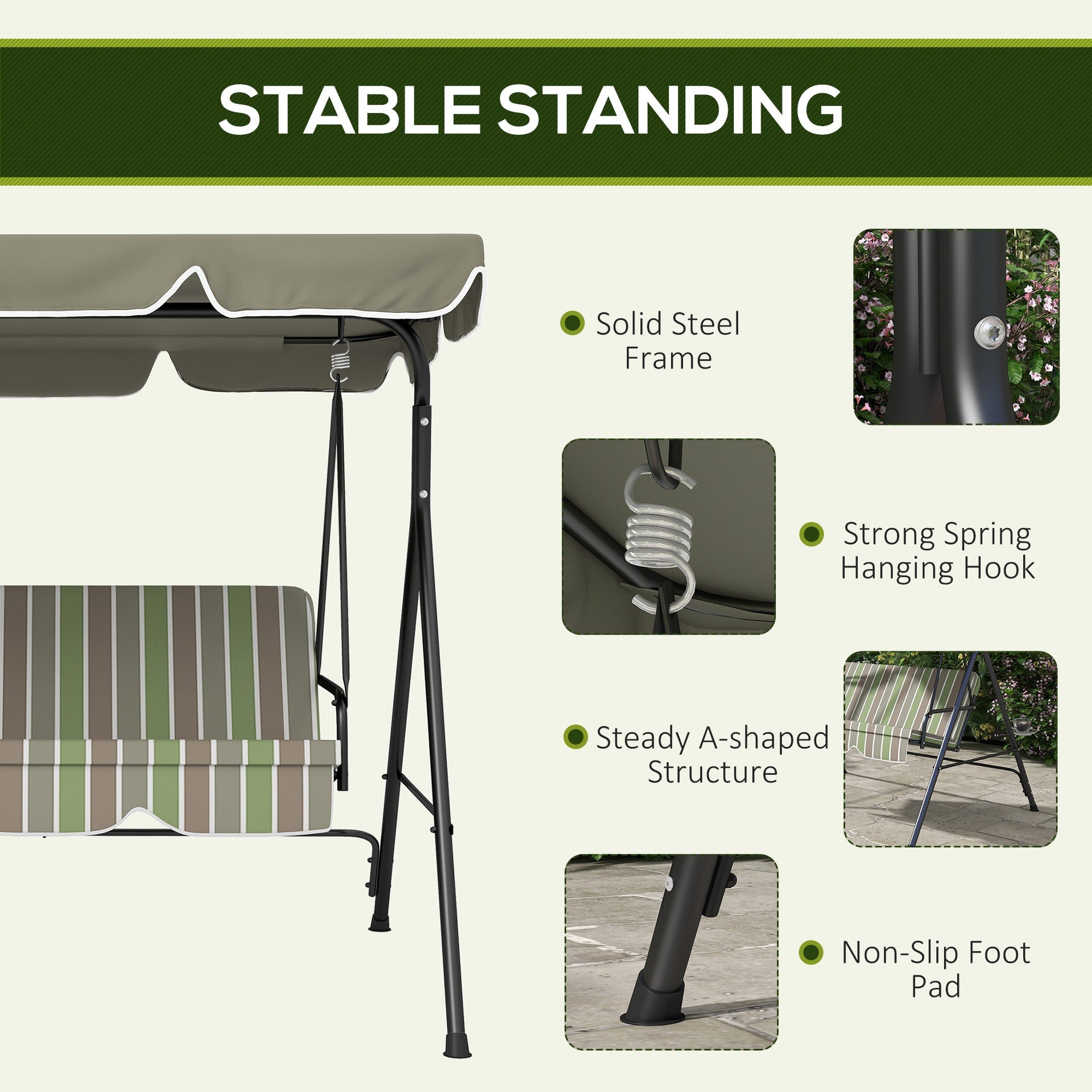 Outsunny 3-Seat Outdoor Patio Swing Chair w/ Cushion, Steel Frame Stand, Adjustable Tilt Canopy for Patio, Garden, Beige & Green