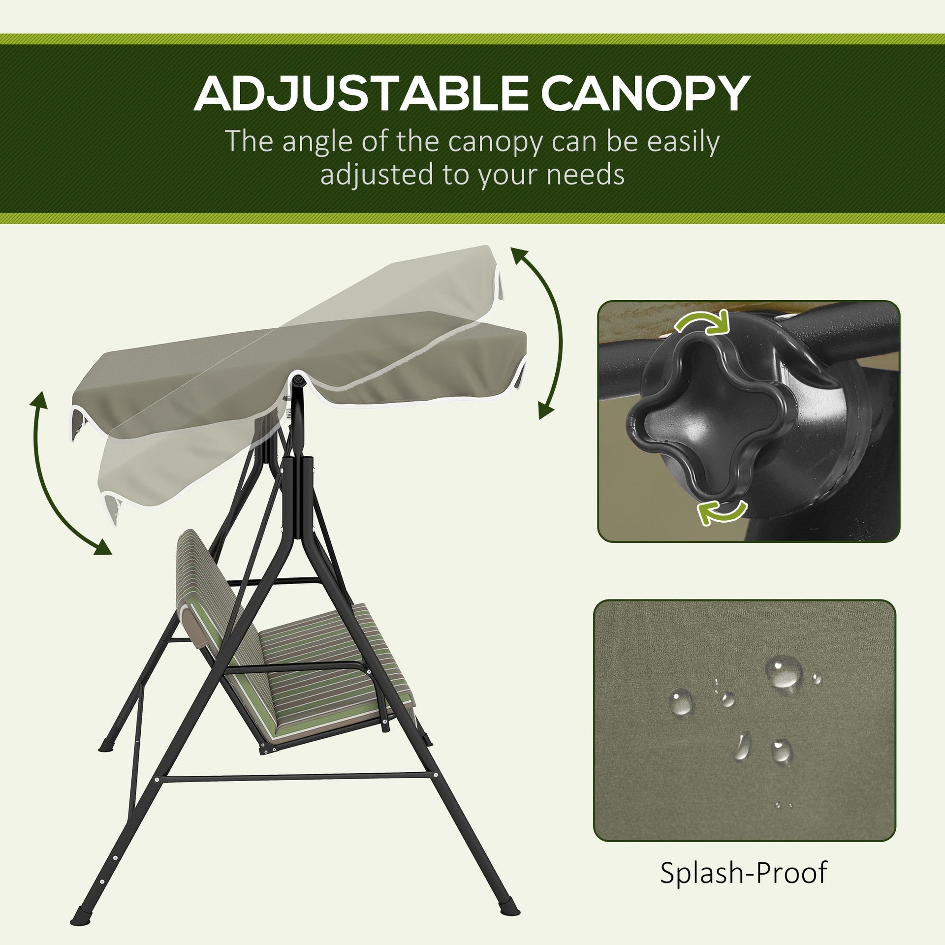 Outsunny 3-Seat Outdoor Patio Swing Chair w/ Cushion, Steel Frame Stand, Adjustable Tilt Canopy for Patio, Garden, Beige & Green