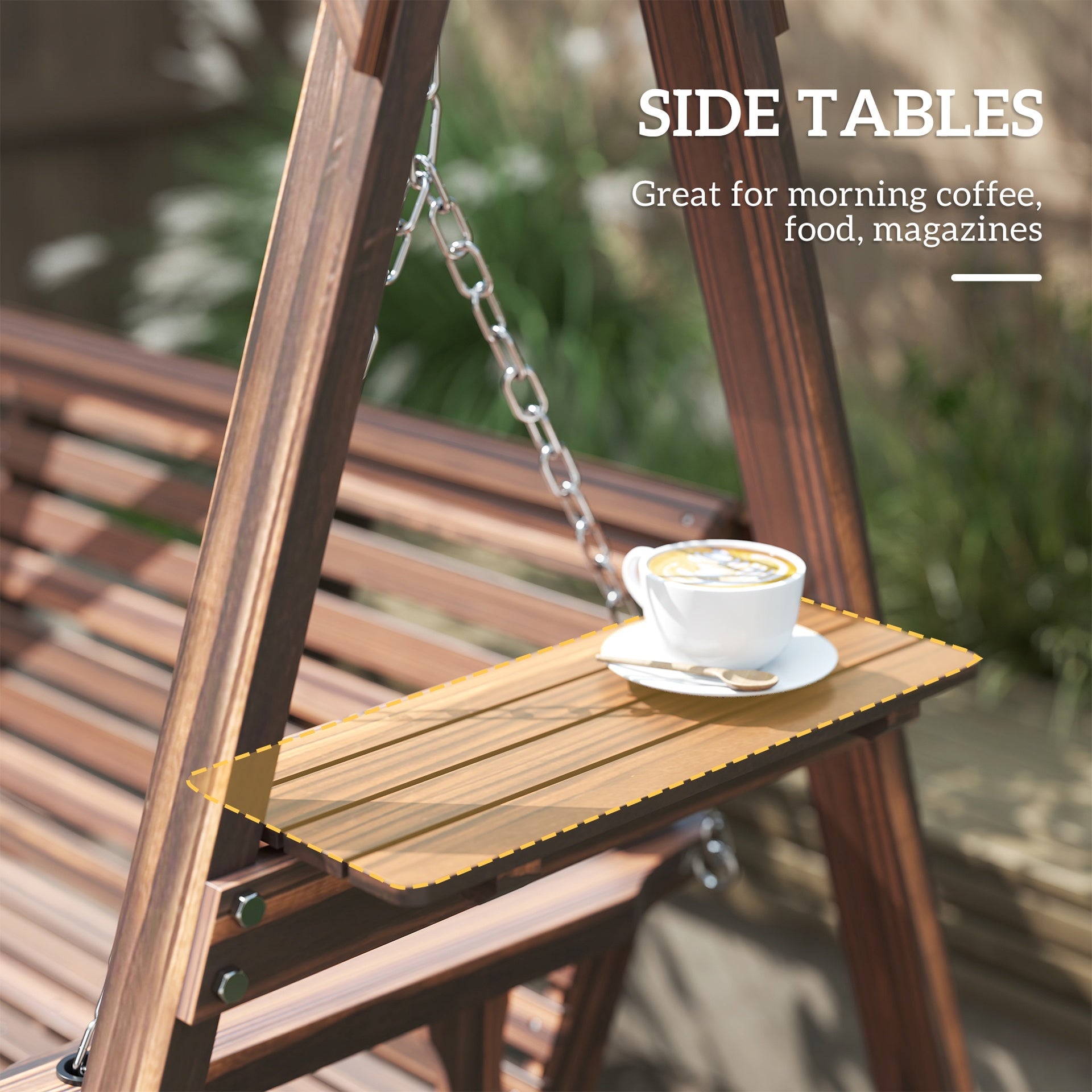 Outsunny 3 Seat Wooden Porch Swing with Stand, Patio Swing with Side Tables, for Garden, Poolside, Backyard, Carbonized Brown
