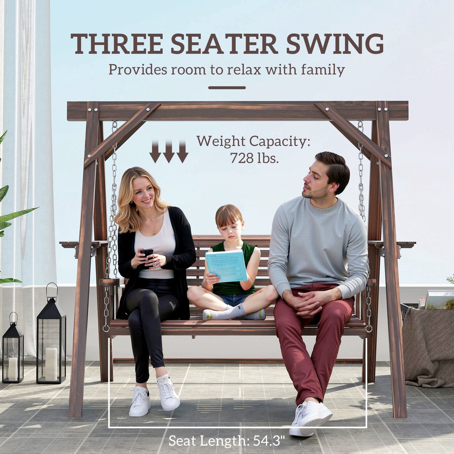 Outsunny 3 Seat Wooden Porch Swing with Stand, Patio Swing with Side Tables, for Garden, Poolside, Backyard, Carbonized Brown