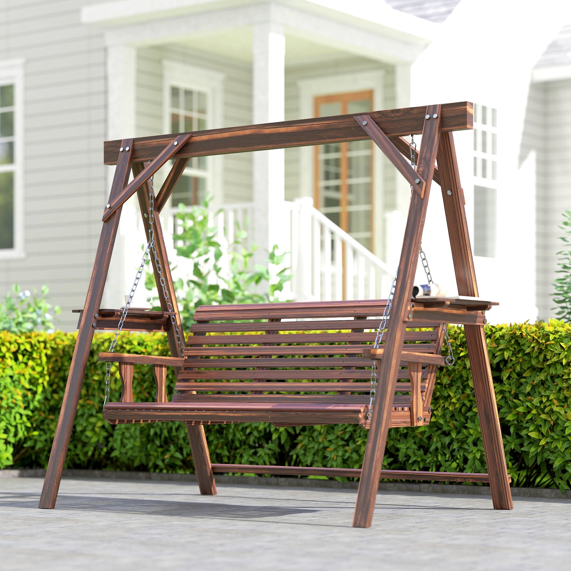 Outsunny 3 Seat Wooden Porch Swing with Stand, Patio Swing with Side Tables, for Garden, Poolside, Backyard, Carbonized Brown