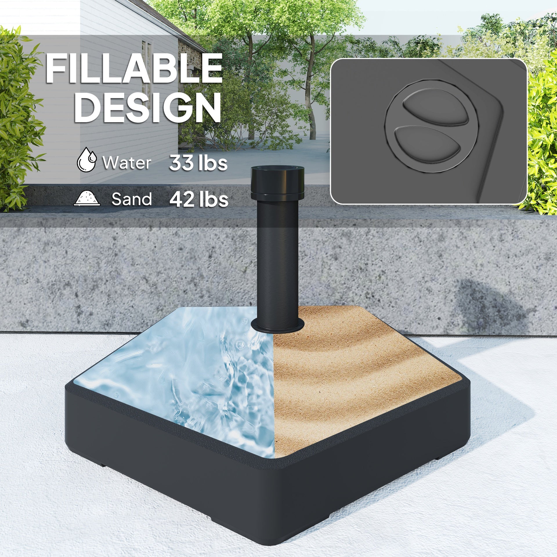 Outsunny Patio Umbrella Base Holder, Heavy Duty Outdoor Umbrella Stand Base, Filled Up to 42lbs with Sand or 33lbs with Water for Garden, Poolside, Black