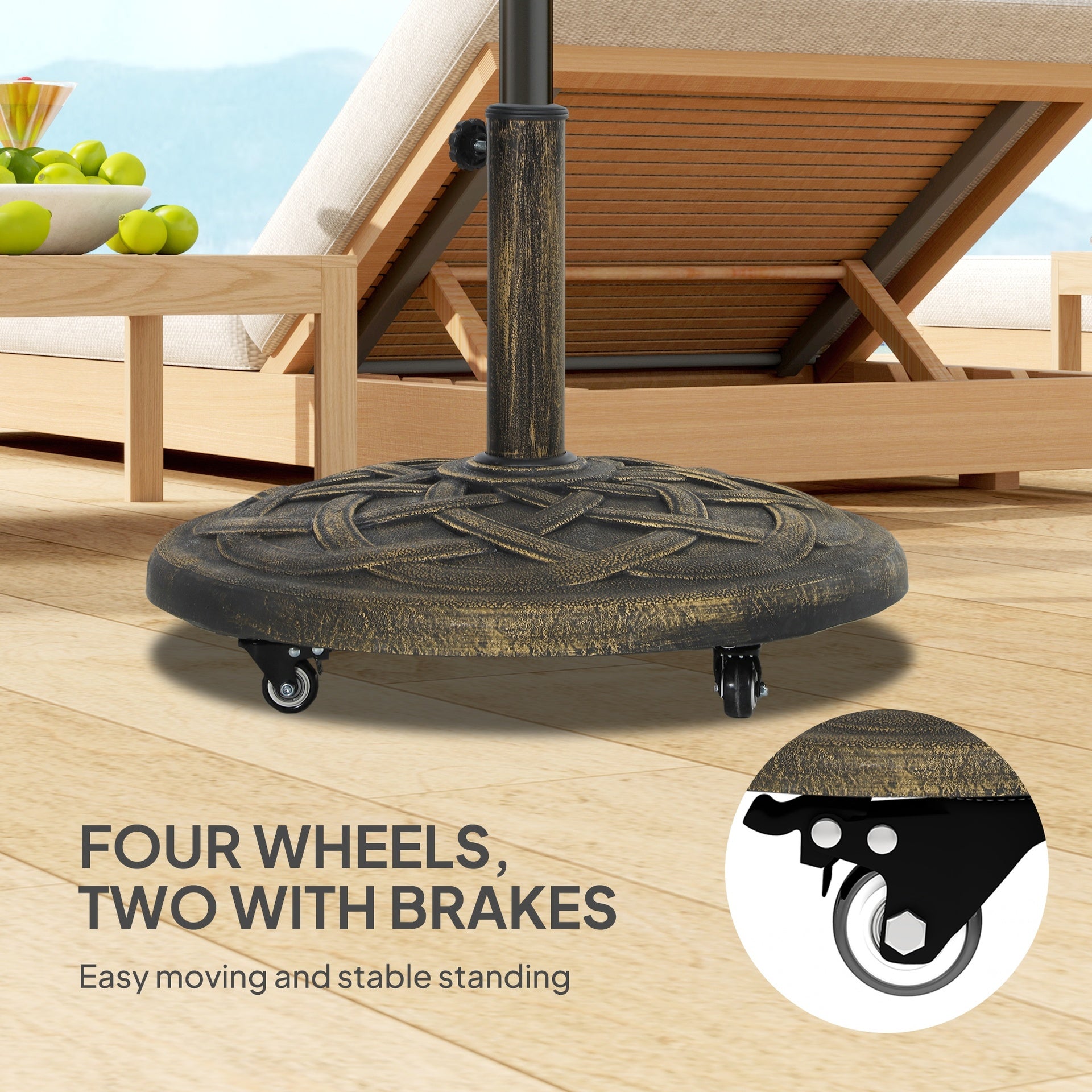 Outsunny Round Patio Umbrella Base with Wheels, 44 lbs Resin Umbrella Stand Base, Heavy Duty Patio Umbrella Holder for 1.3"/1.5"/1.9" Umbrella Poles for Outdoor, Lawn, Poolside, Bronze