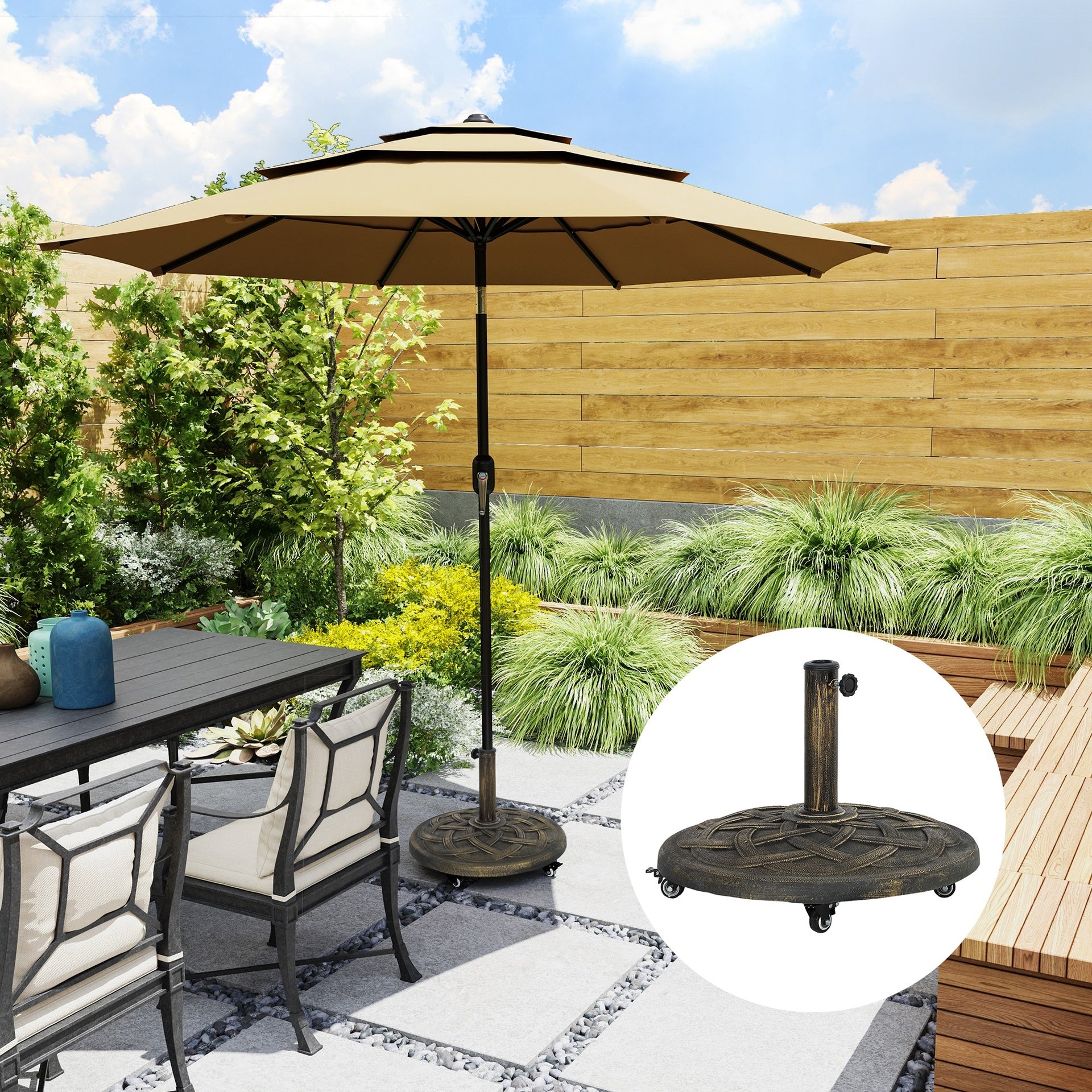 Outsunny Round Patio Umbrella Base with Wheels, 44 lbs Resin Umbrella Stand Base, Heavy Duty Patio Umbrella Holder for 1.3"/1.5"/1.9" Umbrella Poles for Outdoor, Lawn, Poolside, Bronze