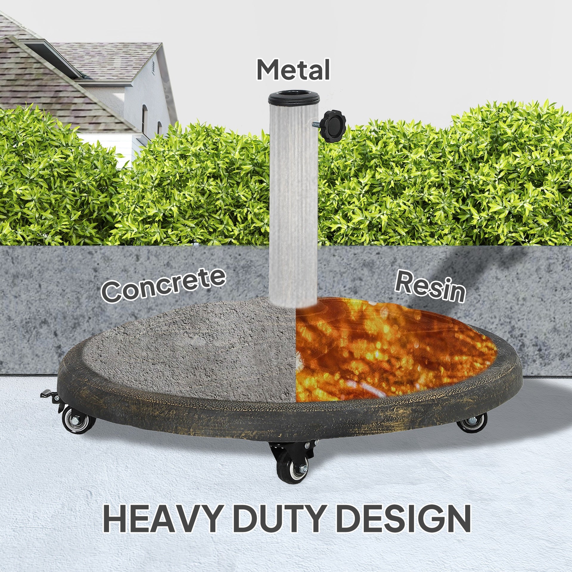 Outsunny Round Patio Umbrella Base with Wheels, 44 lbs Resin Umbrella Stand Base, Heavy Duty Patio Umbrella Holder for 1.3"/1.5"/1.9" Umbrella Poles for Outdoor, Lawn, Poolside, Bronze