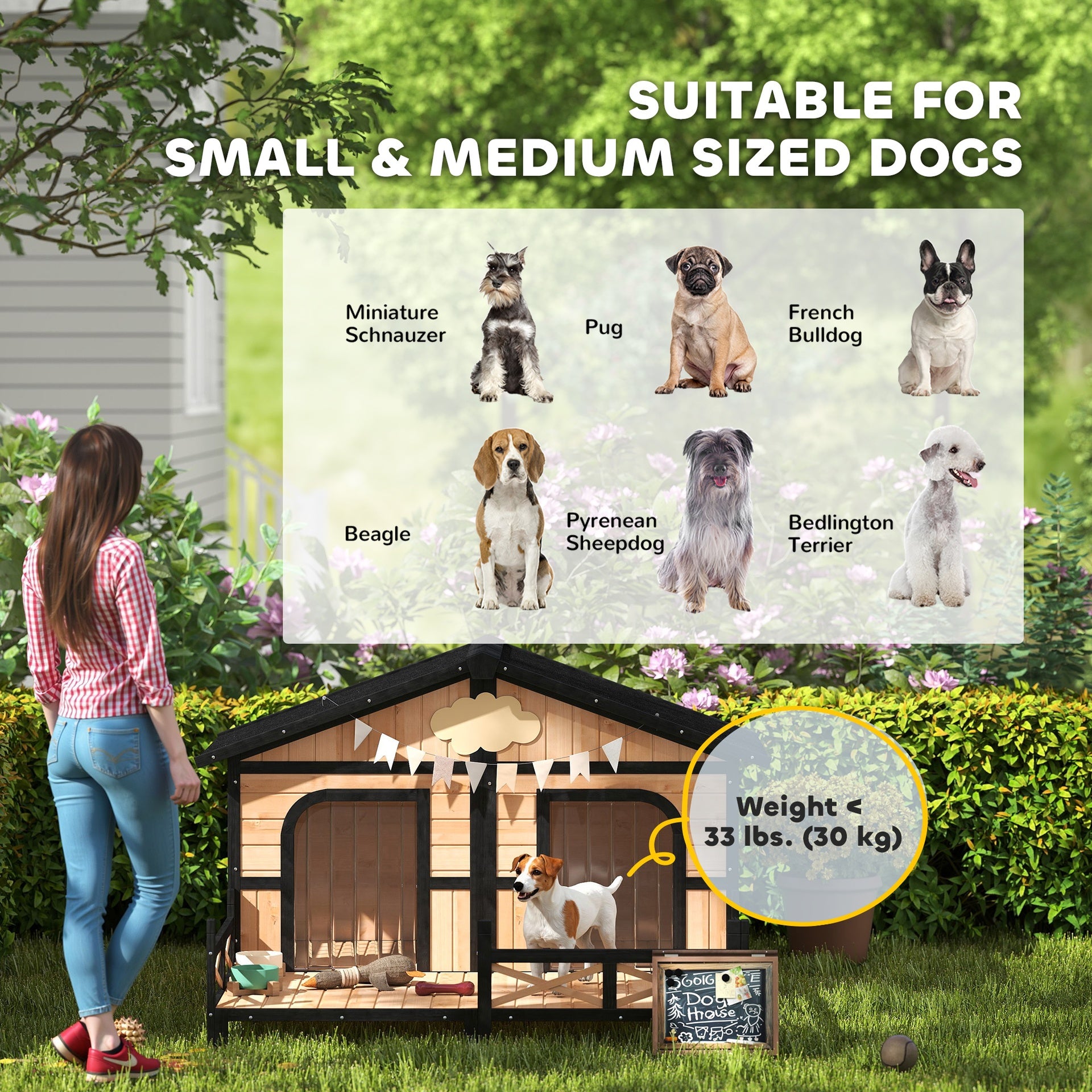 PawHut Dog House Outdoor, Wooden Dog Kennel Weatherproof with Porch, Openable Roof, Removable Bottom, Elevated Floor, Double Room for 2 Small to Medium Breeds, Natural