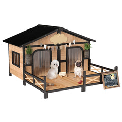 PawHut Dog House Outdoor, Wooden Dog Kennel Weatherproof with Porch, Openable Roof, Removable Bottom, Elevated Floor, Double Room for 2 Small to Medium Breeds, Natural