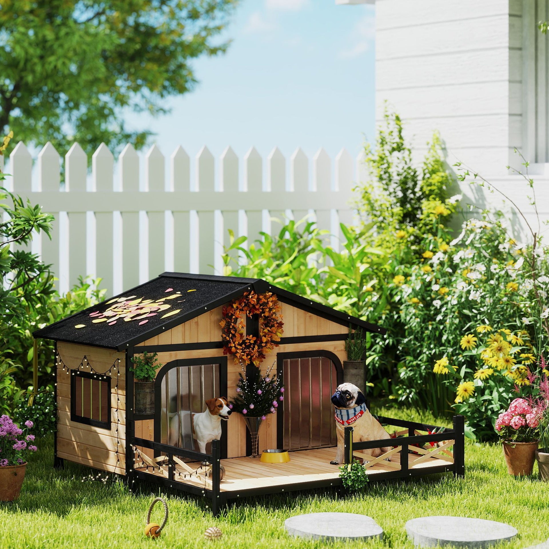 PawHut Dog House Outdoor, Wooden Dog Kennel Weatherproof with Porch, Openable Roof, Removable Bottom, Elevated Floor, Double Room for 2 Small to Medium Breeds, Natural