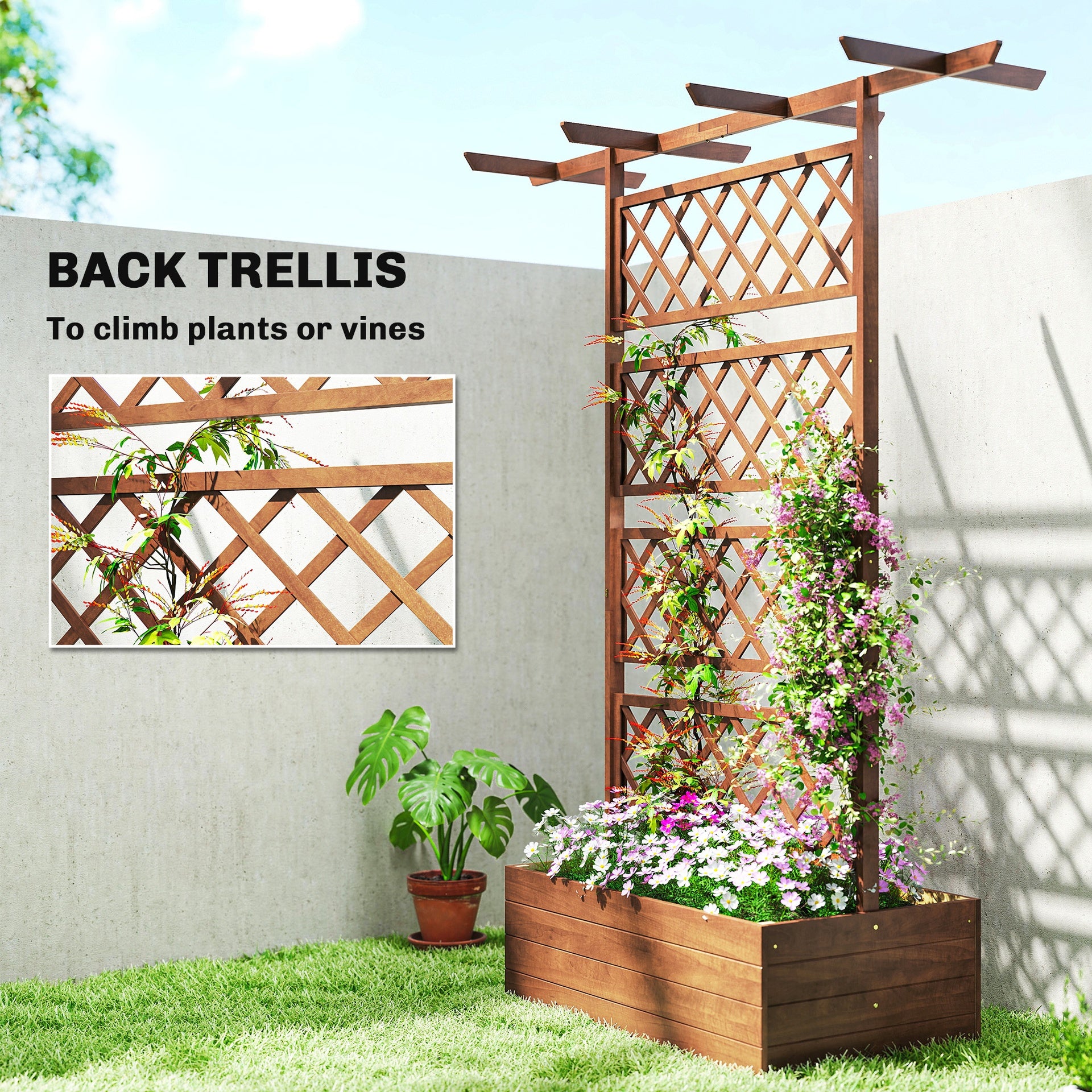 Outsunny Wooden Trellis Planter Box, Raised Garden Bed to Grow Vegetables, Herbs and Flowers