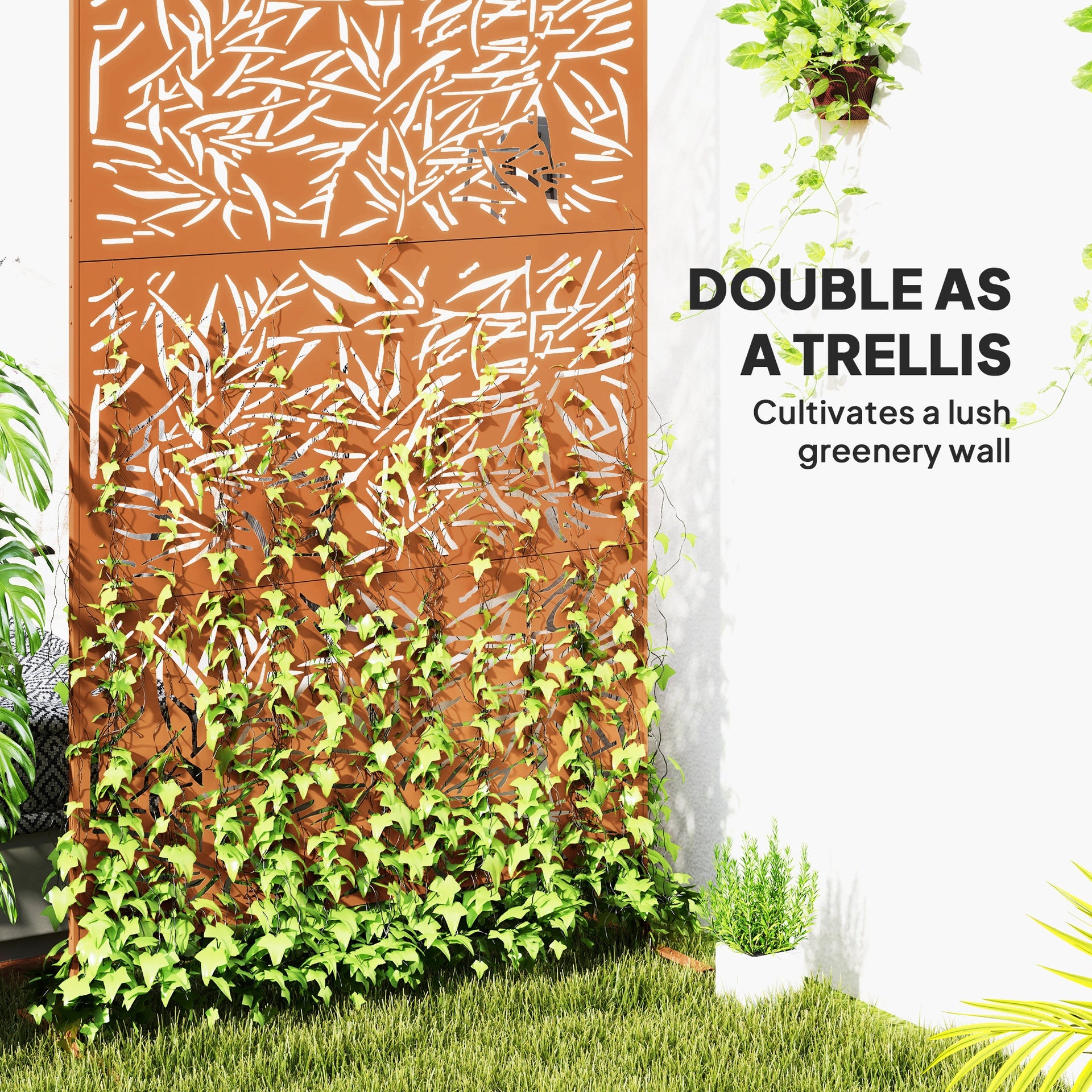 Outsunny Decorative Privacy Fence Screen, Metal Outdoor Privacy Screen Climbing Plant Trellis with Stand, Bamboo Brown