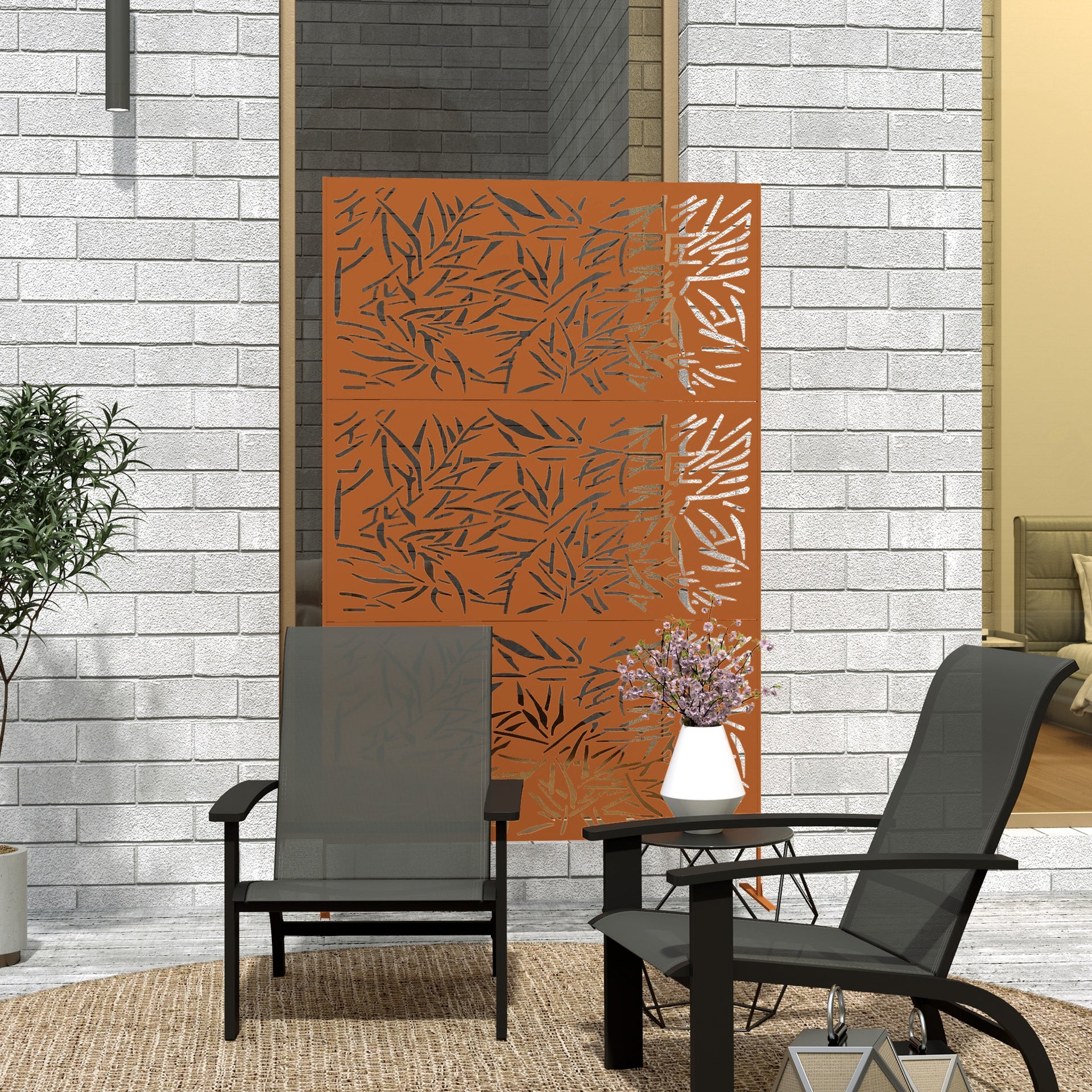 Outsunny Decorative Privacy Fence Screen, Metal Outdoor Privacy Screen Climbing Plant Trellis with Stand, Bamboo Brown