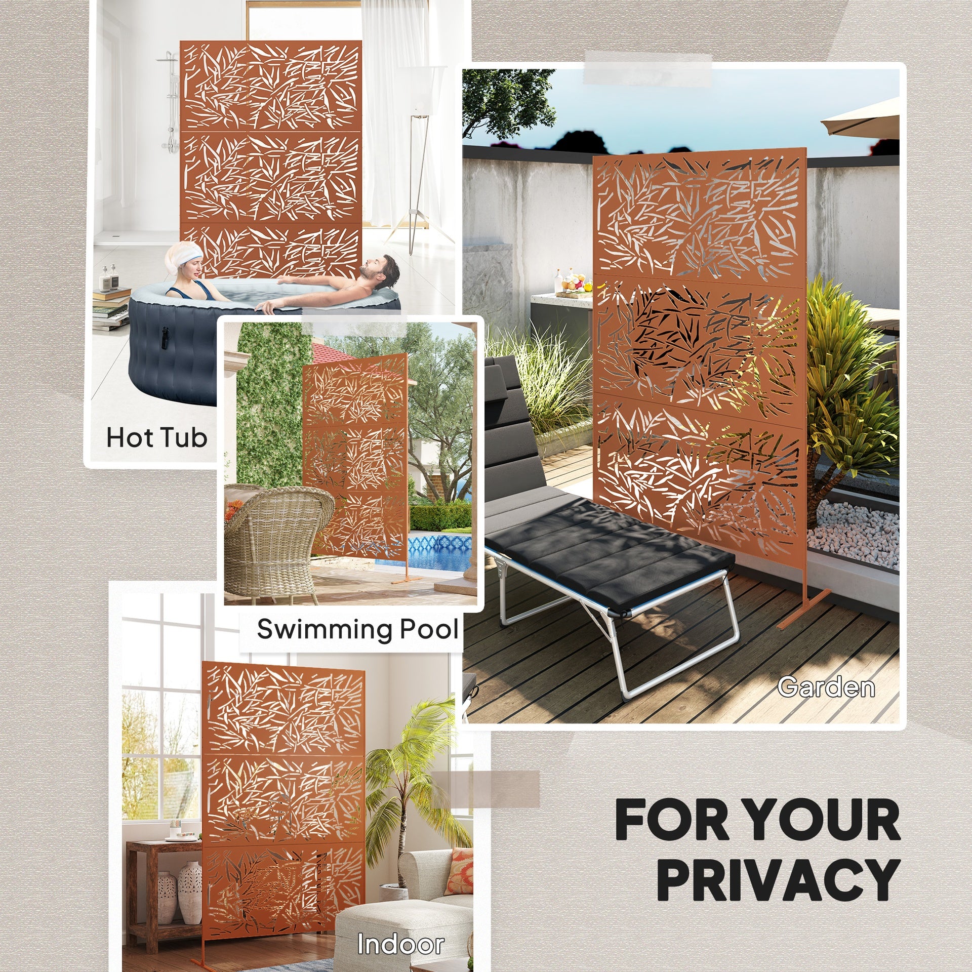 Outsunny Decorative Privacy Fence Screen, Metal Outdoor Privacy Screen Climbing Plant Trellis with Stand, Bamboo Brown