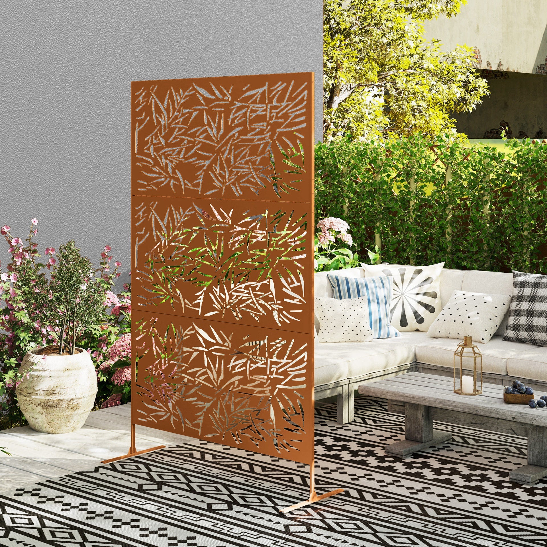 Outsunny Decorative Privacy Fence Screen, Metal Outdoor Privacy Screen Climbing Plant Trellis with Stand, Bamboo Brown