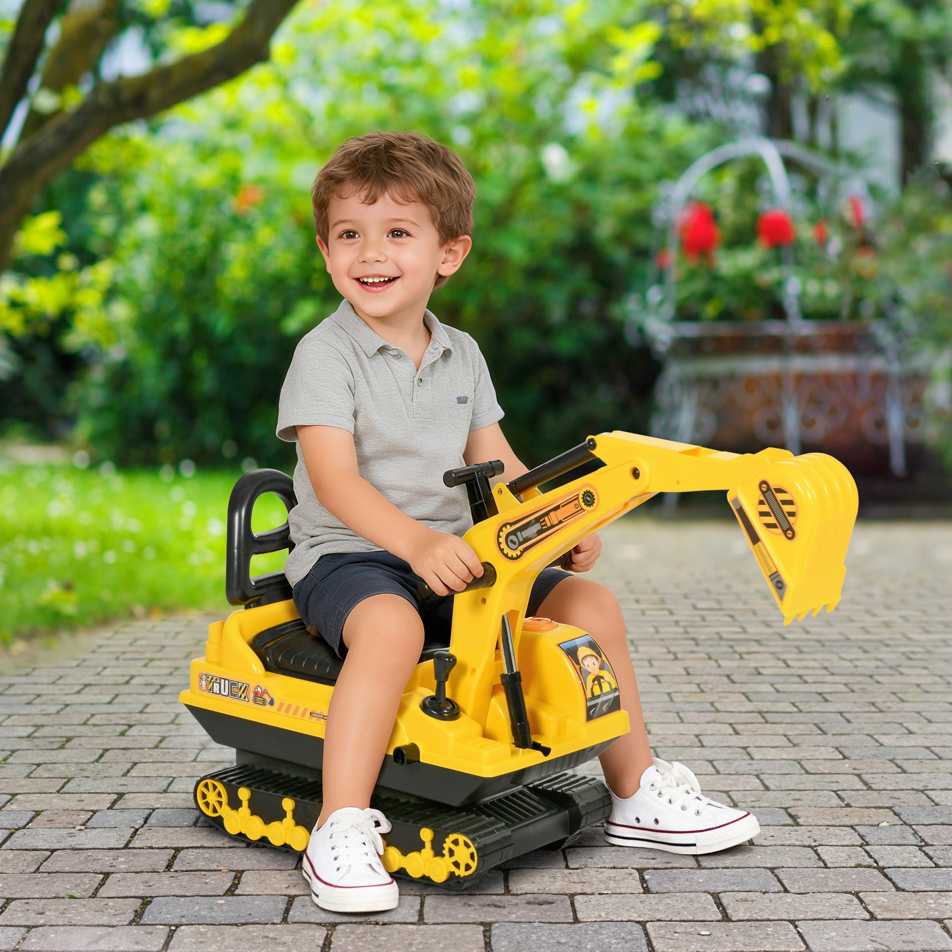 Qaba No Power Ride On Excavator Toy Tractors Digger Movable Scooter Walker Pretend Play Toddler Construction Truck Basket Storage For Boys Girls 18-48 Months Yellow Black