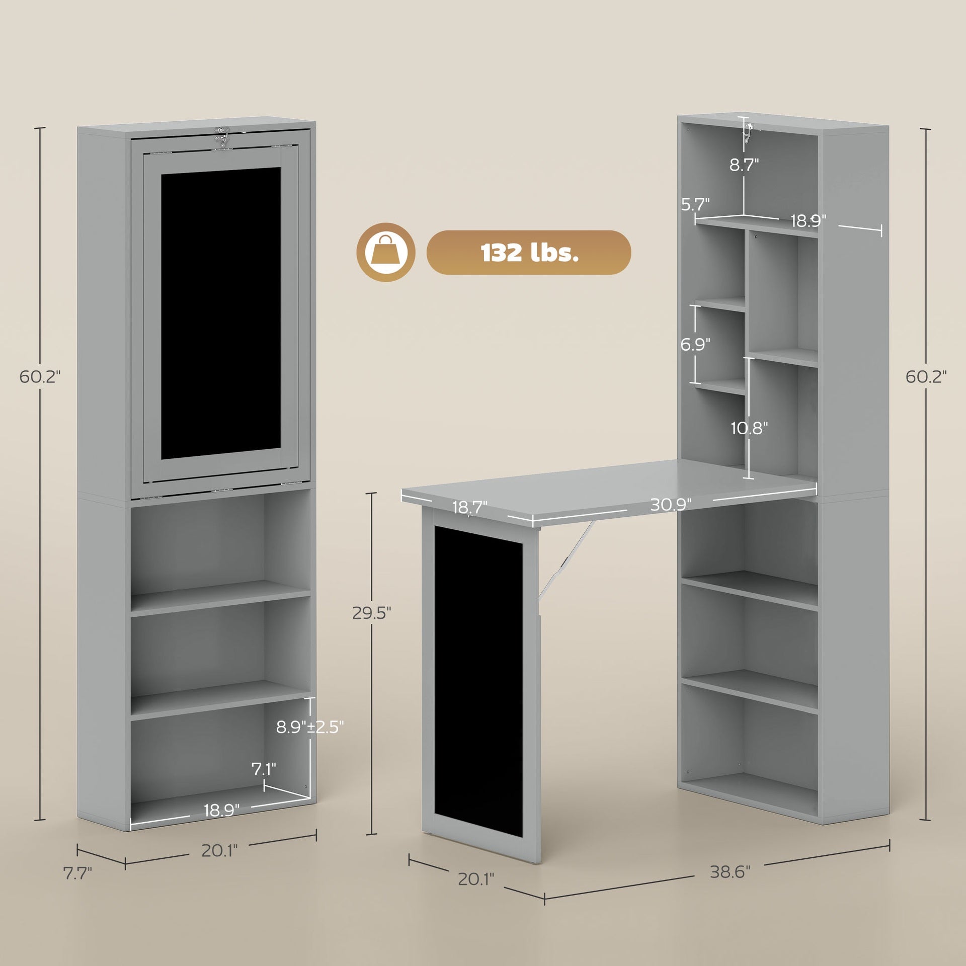 HOMCOM Fold-out Convertible Office Desk, Wall Mount Computer Desk with Blackboard and Side Shelf, Charcoal Gray