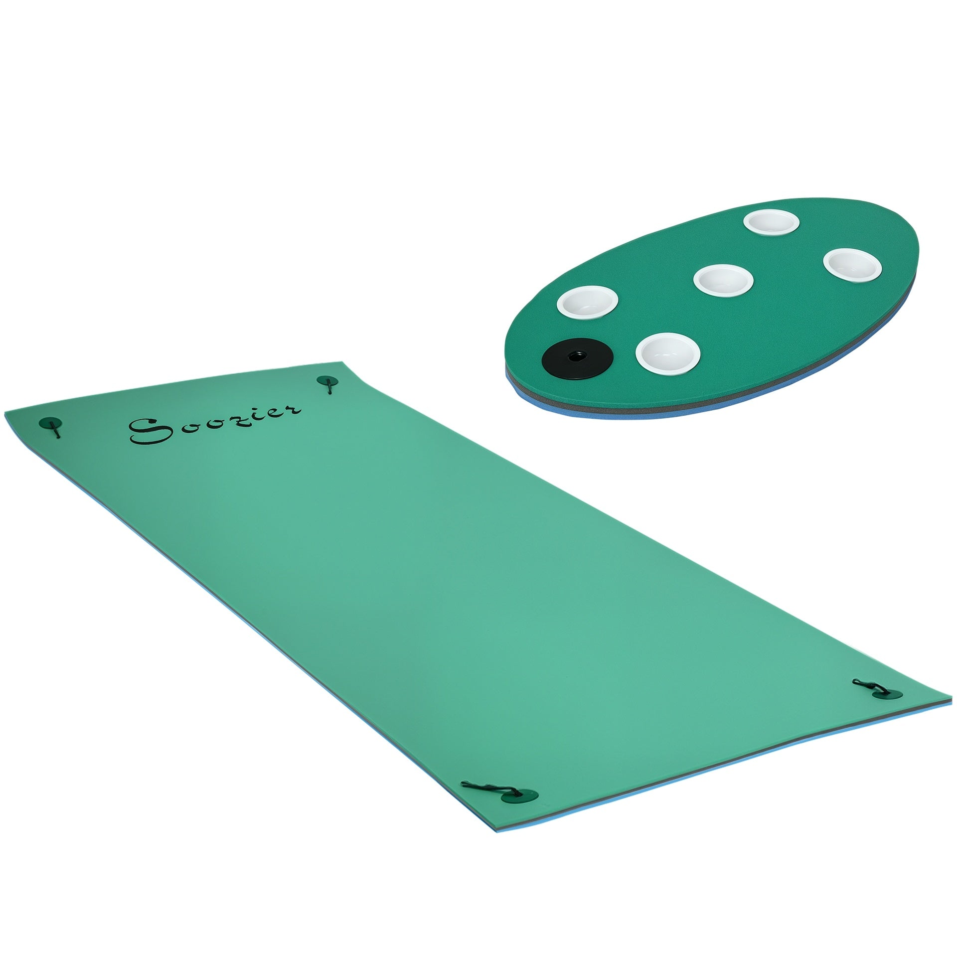 Soozier 12' x 5' Lily Pad Floating Mat with Cup Holder Table, 3-Layer Portable Roll-Up Water Mat Float Dock for 2-3 People, on Lake, River, Beach, Swimming Pool, Green