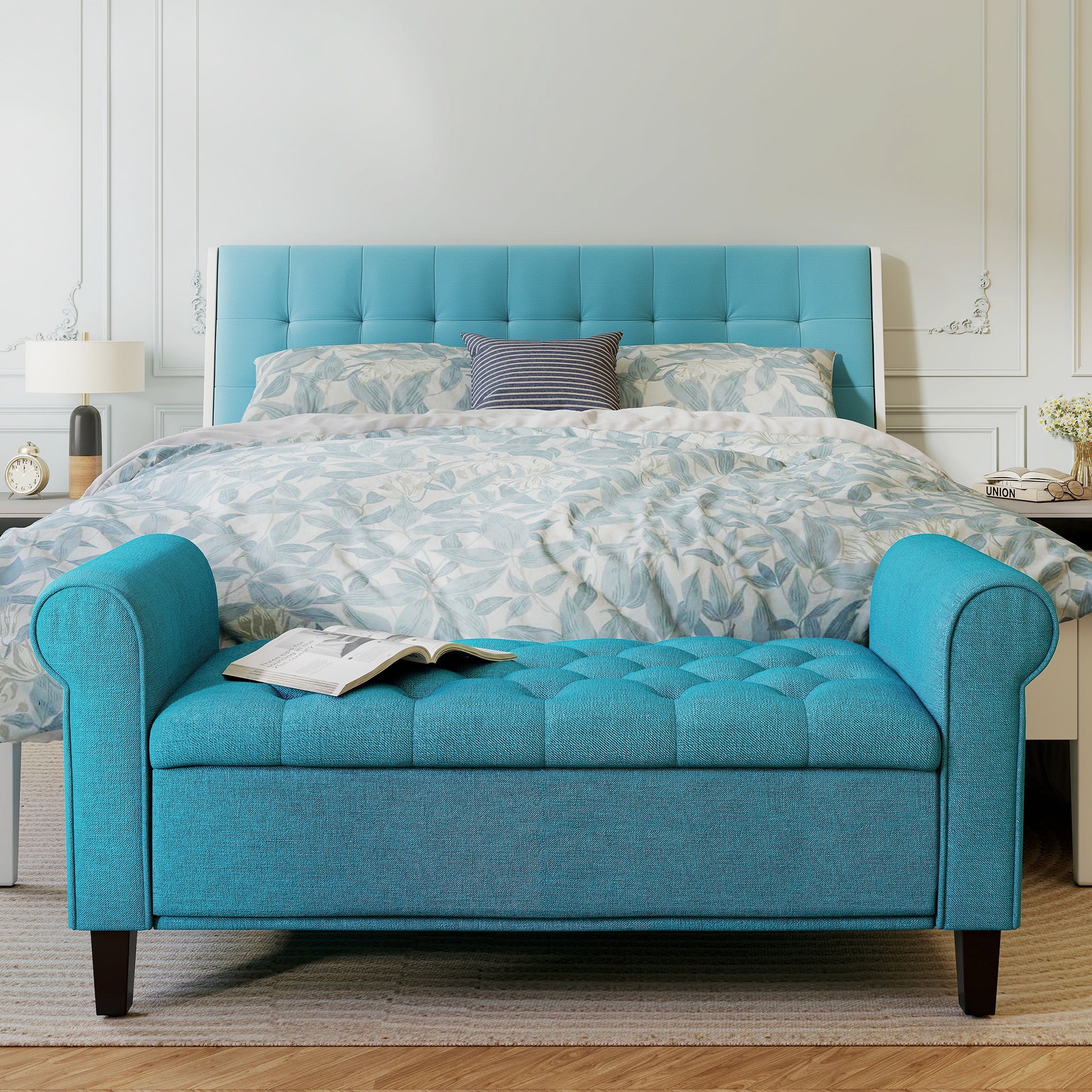 HOMCOM 50 Inches Storage Ottoman, End of Bed Bench with Rolled Arms, Wood Legs, Button Tufted Storage Bench, Teal