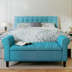 HOMCOM 50 Inches Storage Ottoman, End of Bed Bench with Rolled Arms, Wood Legs, Button Tufted Storage Bench, Teal