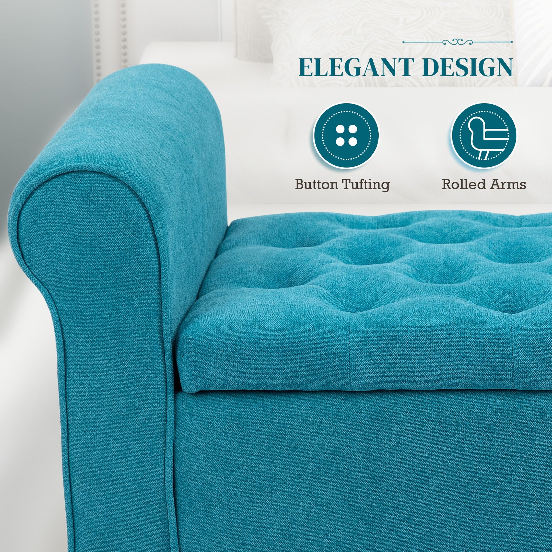 HOMCOM 50 Inches Storage Ottoman, End of Bed Bench with Rolled Arms, Wood Legs, Button Tufted Storage Bench, Teal