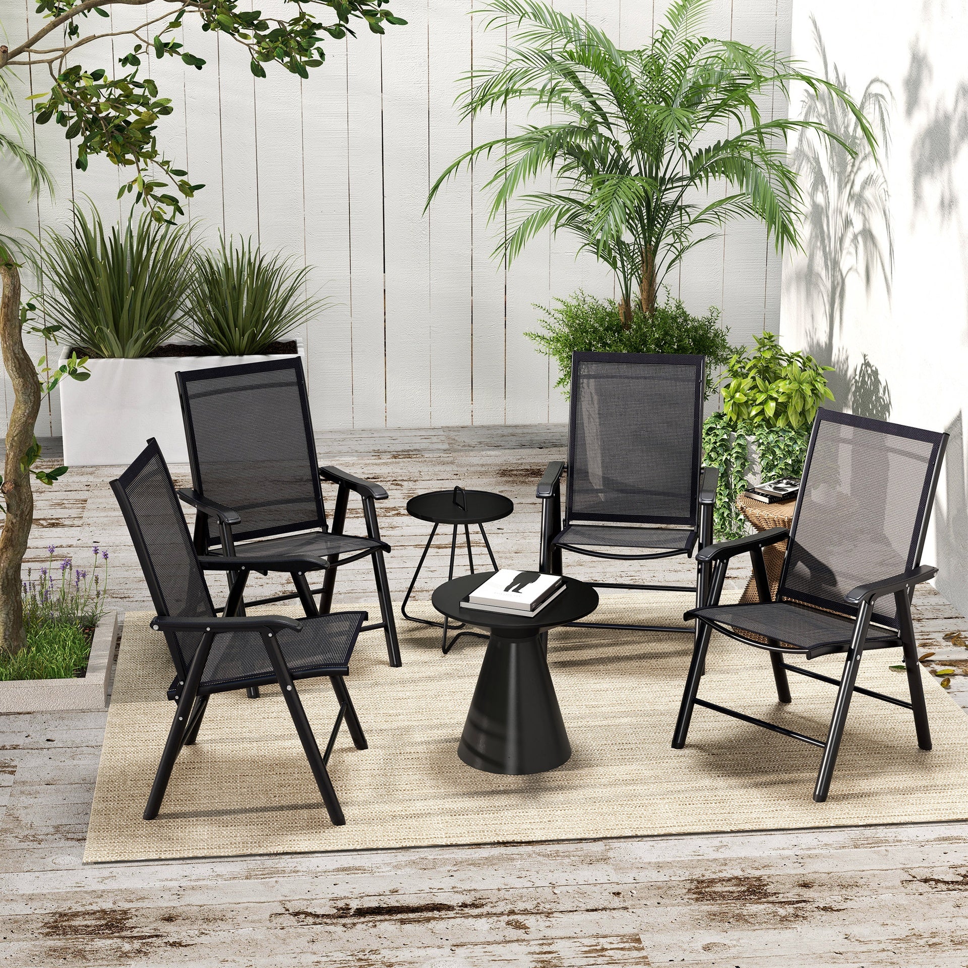 Outsunny Set of 4 Outdoor Folding Chairs, Stackable Patio Dining Chairs with Armrests, Metal Frame, Black