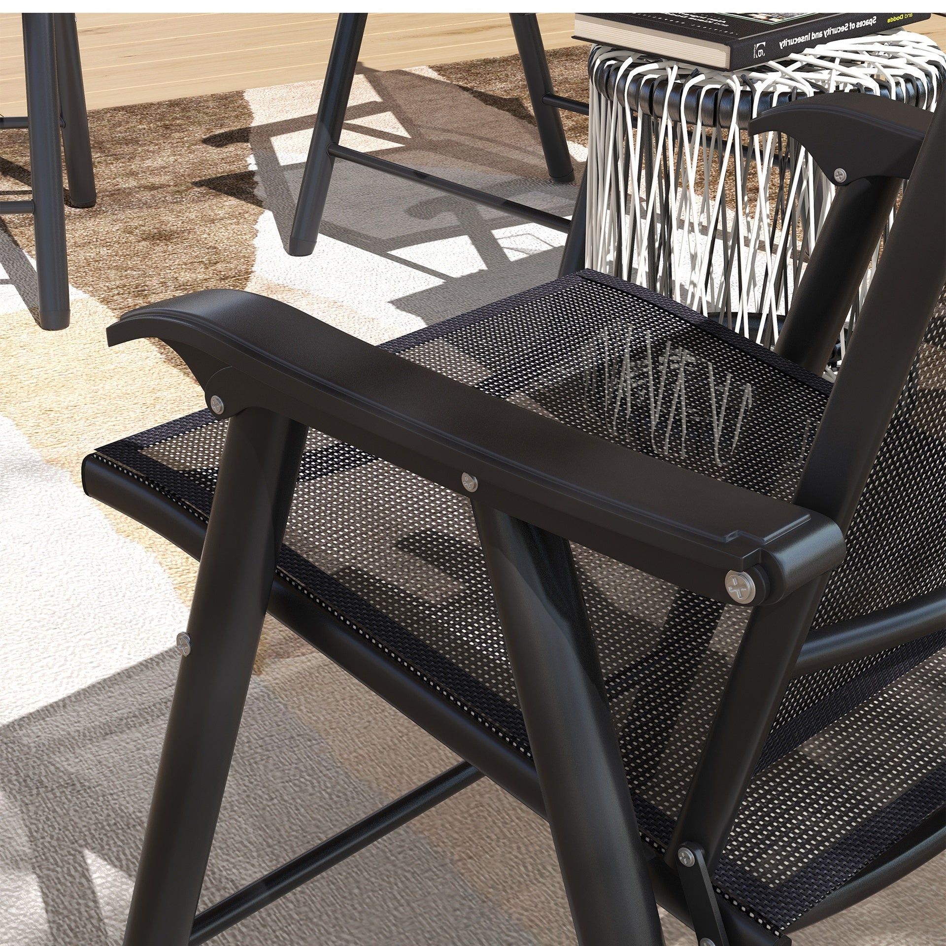 Outsunny Set of 4 Outdoor Folding Chairs, Stackable Patio Dining Chairs with Armrests, Metal Frame, Black