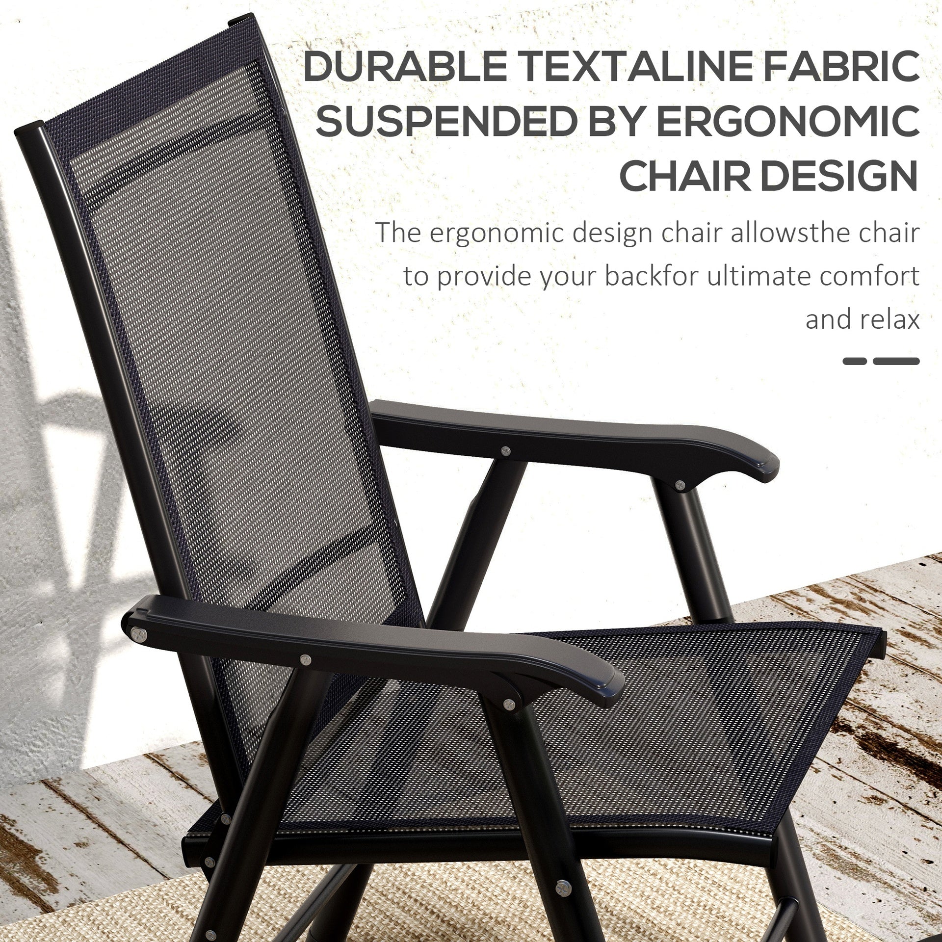 Outsunny Set of 4 Outdoor Folding Chairs, Stackable Patio Dining Chairs with Armrests, Metal Frame, Black