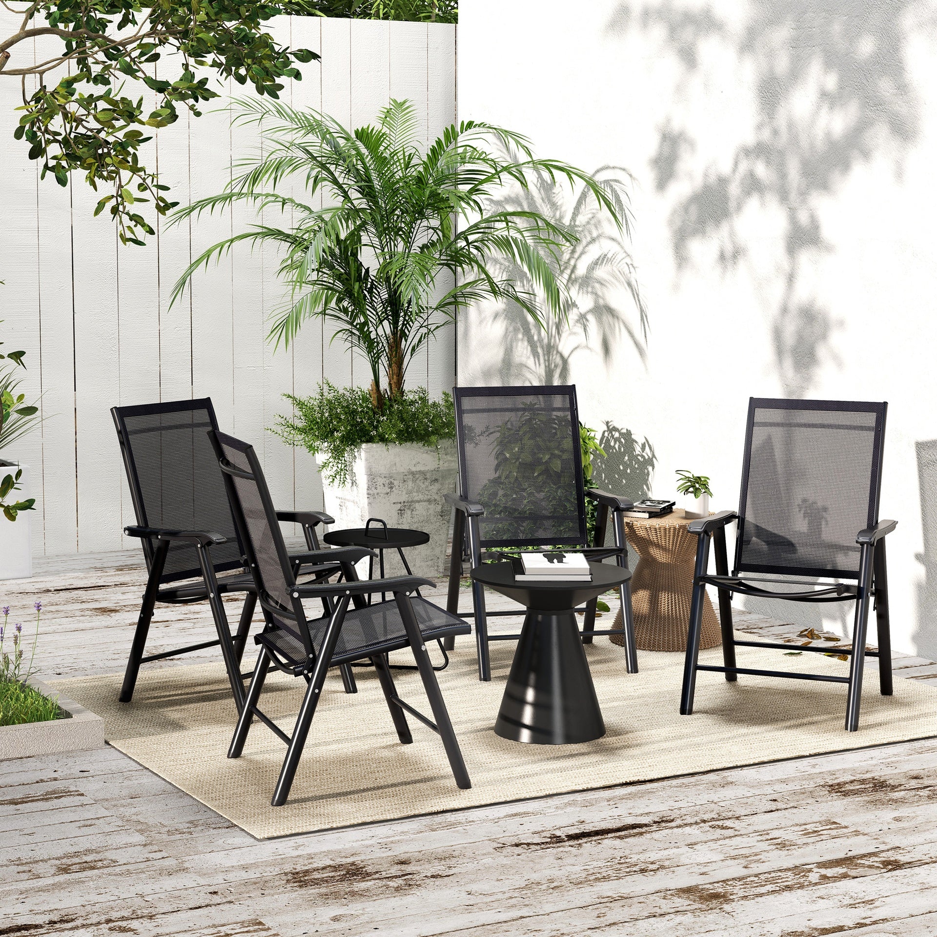Outsunny Set of 4 Outdoor Folding Chairs, Stackable Patio Dining Chairs with Armrests, Metal Frame, Black