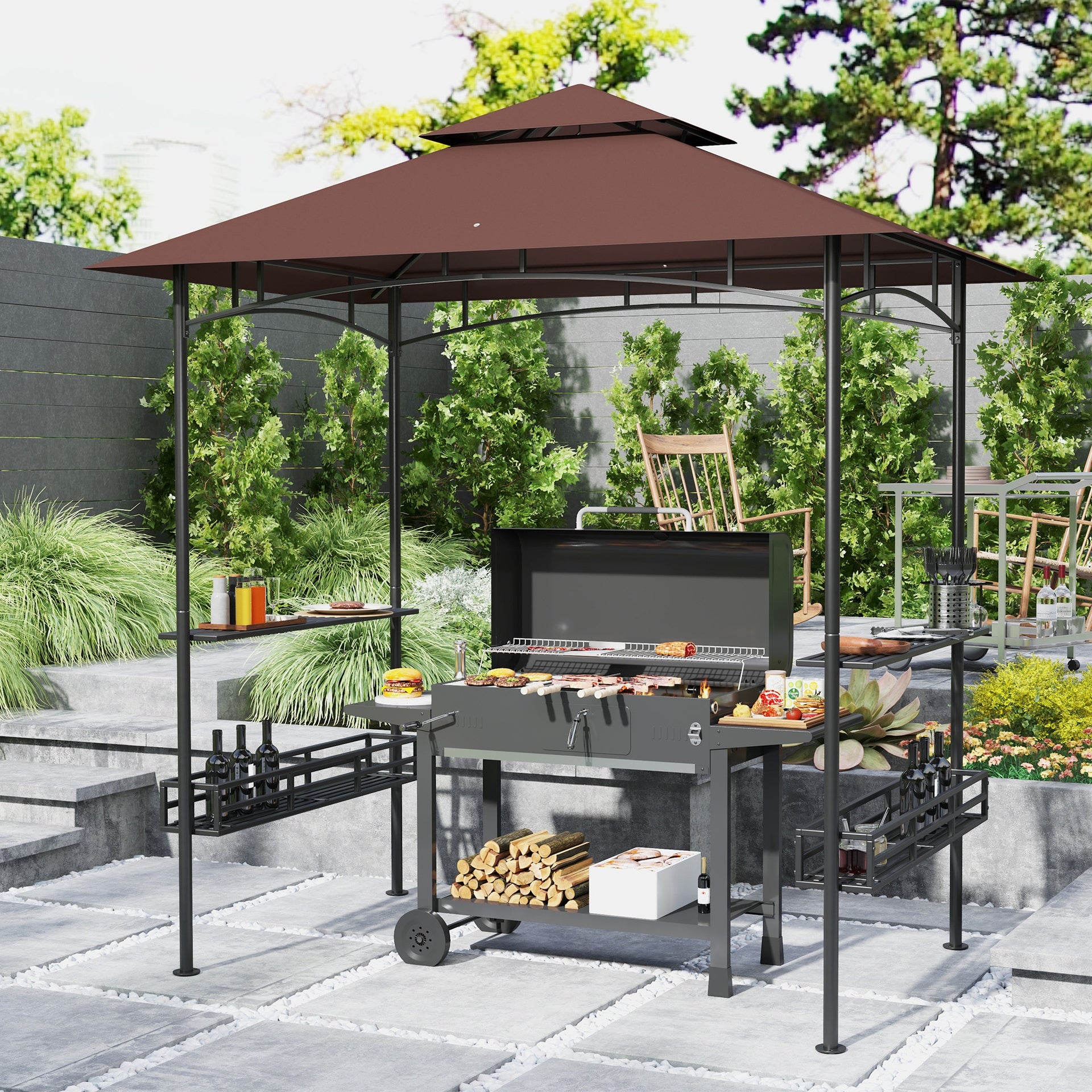 Outsunny 8' x 5' BBQ Grill Gazebo, 2-Tier Outdoor BBQ Gazebo with 2 Side Shelves, Storage Baskets, Ceiling Hook, Dark Brown
