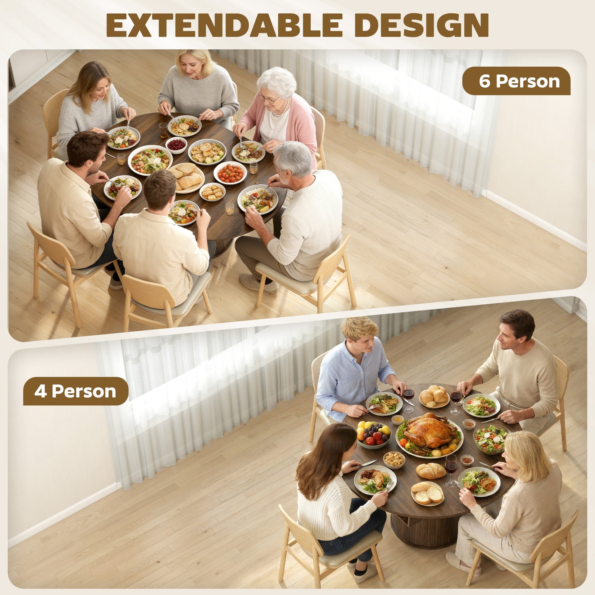 HOMCOM Extendable Dining Table for 6, 60" Farmhouse Kitchen Table with 2-Tier Storage Shelf and Fluted Sliding Doors, Walnut