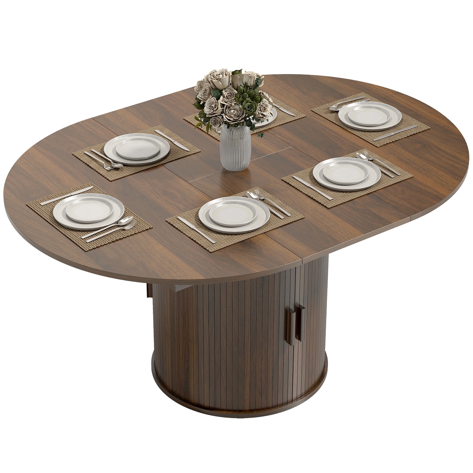 HOMCOM Extendable Dining Table for 6, 60" Farmhouse Kitchen Table with 2-Tier Storage Shelf and Fluted Sliding Doors, Walnut