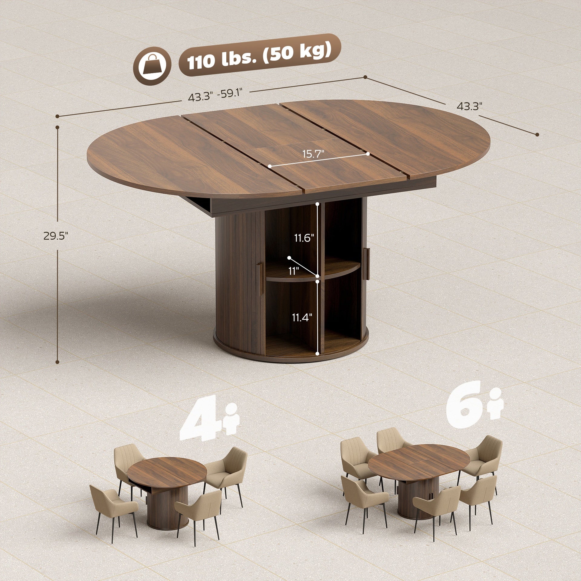 HOMCOM Extendable Dining Table for 6, 60" Farmhouse Kitchen Table with 2-Tier Storage Shelf and Fluted Sliding Doors, Walnut
