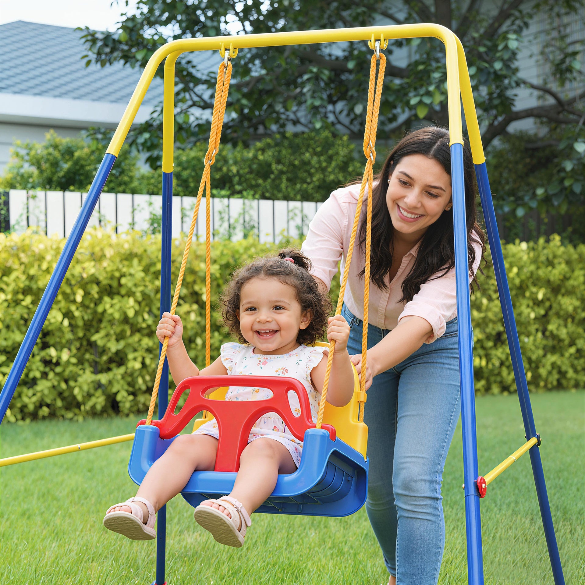 Qaba 3 in 1 Toddler Swing Set, Folding Child Swing Set with Seat Belt, Adjustable Seat for Outdoor Indoor, Blue